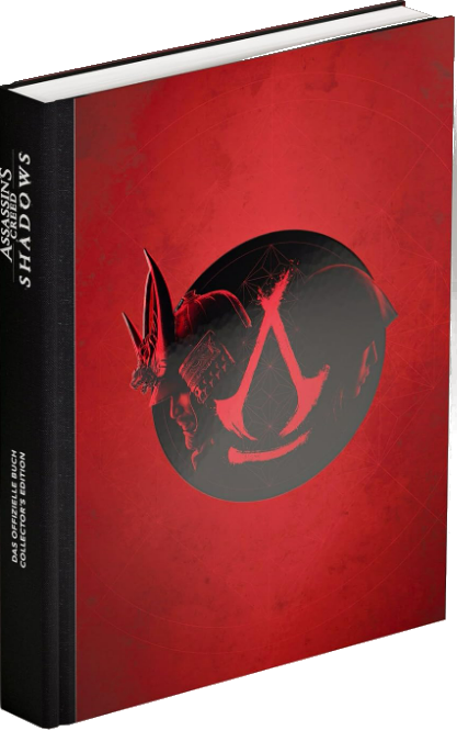 Buchcover von Assassin's Creed Shadows. Roter Hintergrund mit einer Samurai-Figur in der Mitte.