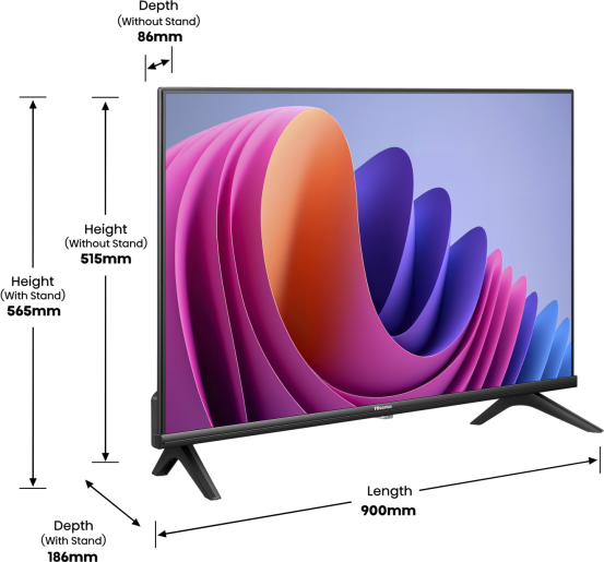 Fekete TV színes kijelzővel. A szöveg és a méretek a képen láthatók.