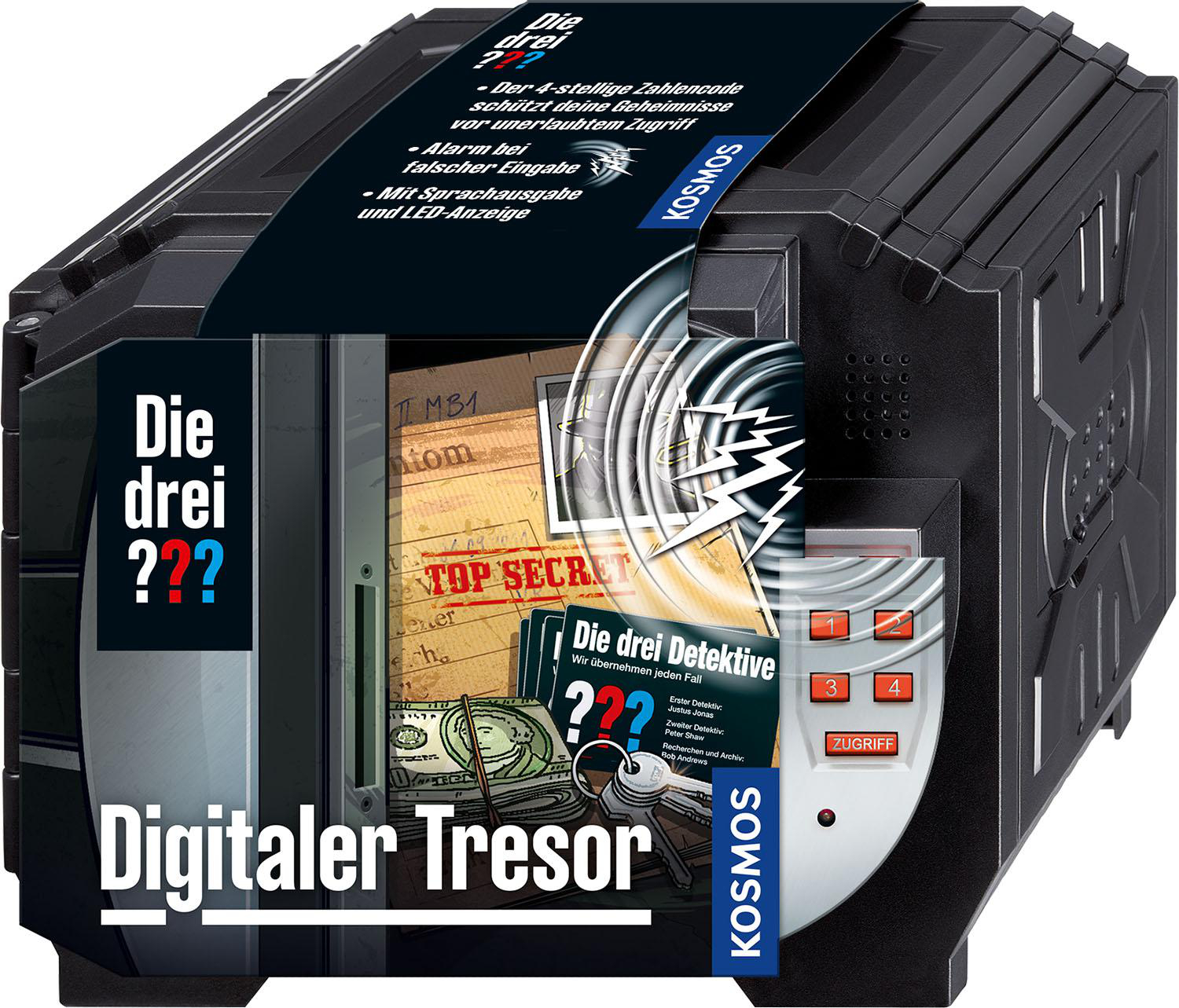 Ein schwarzer digitaler Tresor mit Tastatur und einer Grafik, die ein geheimes Dokument zeigt.