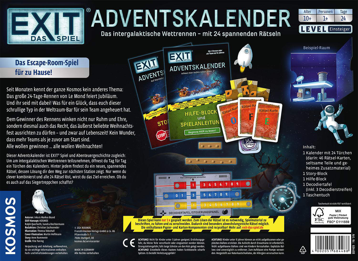 Rückseite einer EXIT Adventskalender-Spielbox mit Text und Bildern der Spielkomponenten.