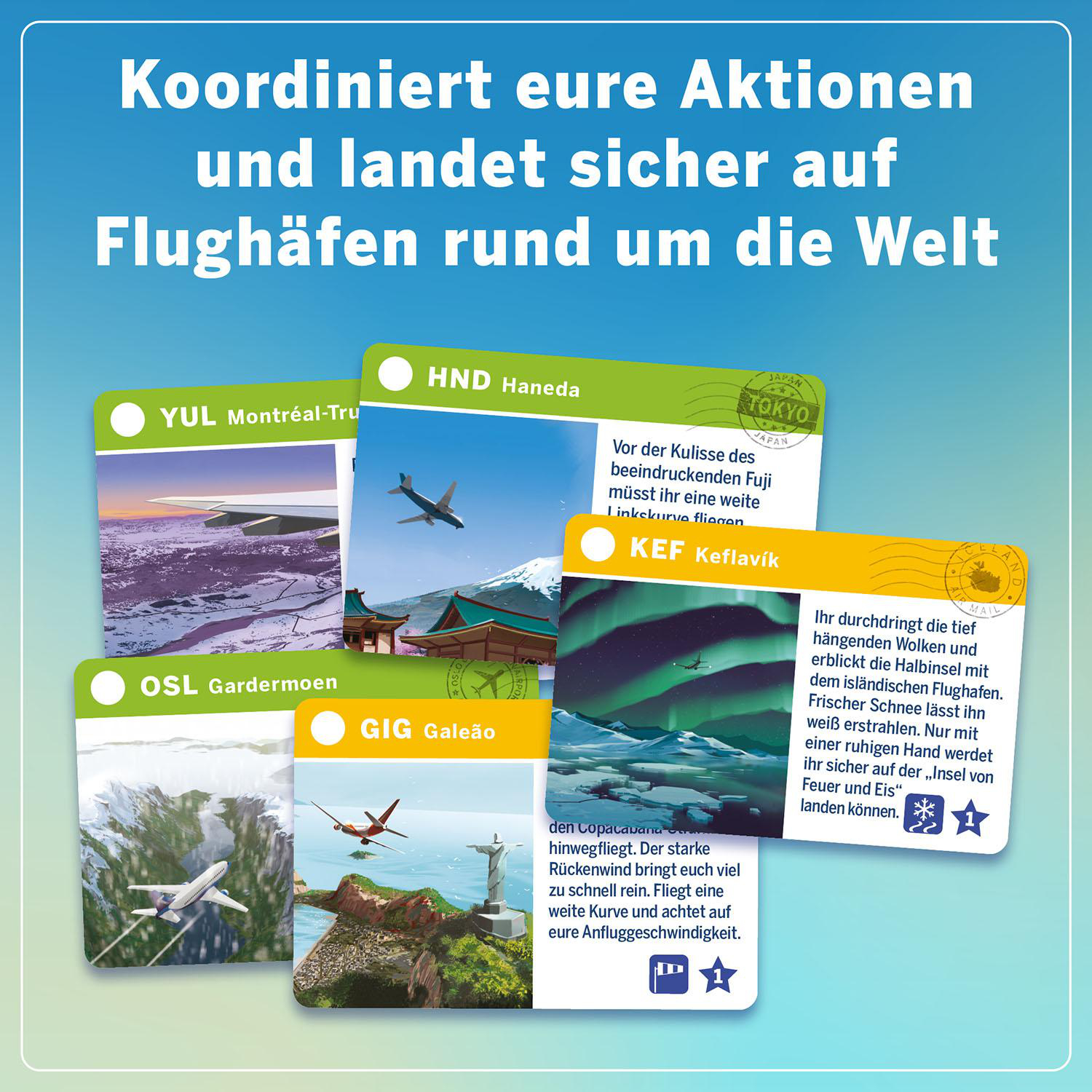 Karten mit Flugzeugen an verschiedenen Flughäfen. Text: 'Koordiniert eure Aktionen und landet sicher auf Flughäfen rund um die Welt'.