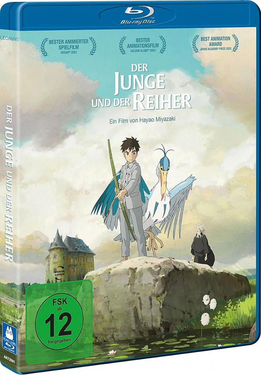 Blu-ray-Disc-Cover des Animationsfilms 'Der Junge und der Reiher'.