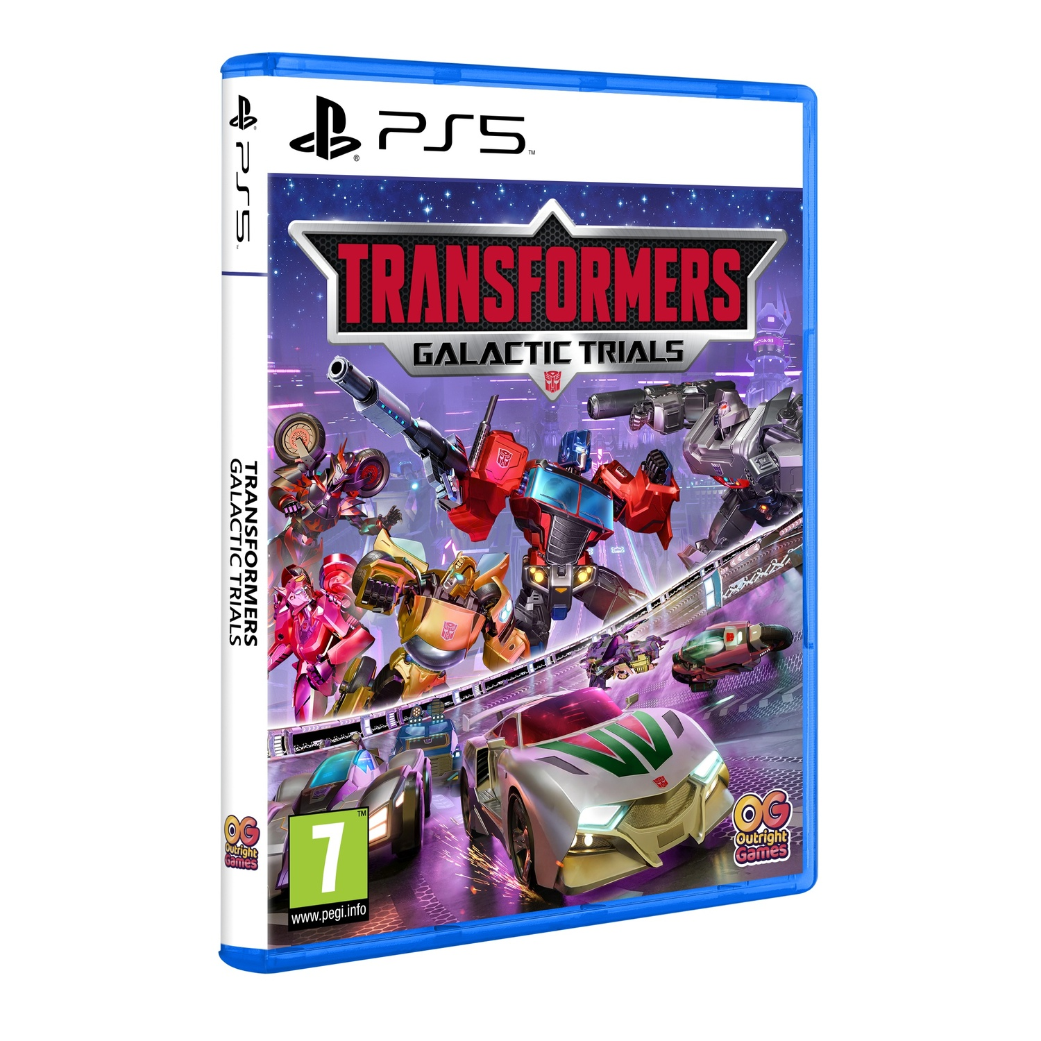 PS5-gamebox, Transformers Galactic Trials, met personages en raceauto's.