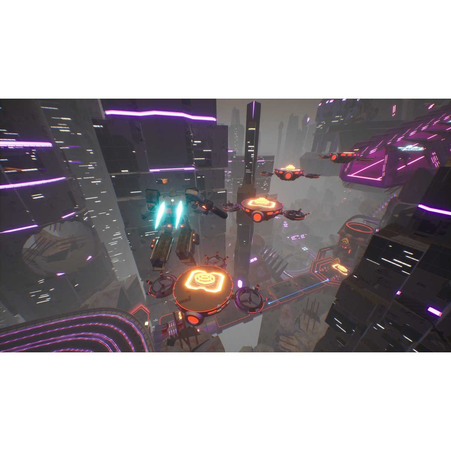 Een futuristische videogame scène met vliegende voertuigen tussen neonverlichte gebouwen en platforms.