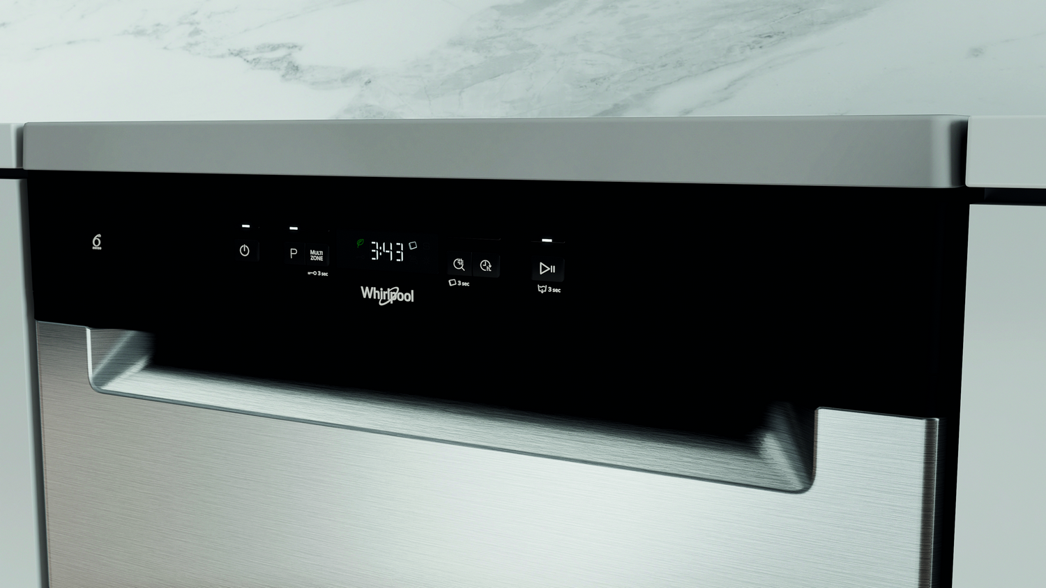 Un panel de control de lavavajillas con pantalla y botones. Texto: Whirlpool.