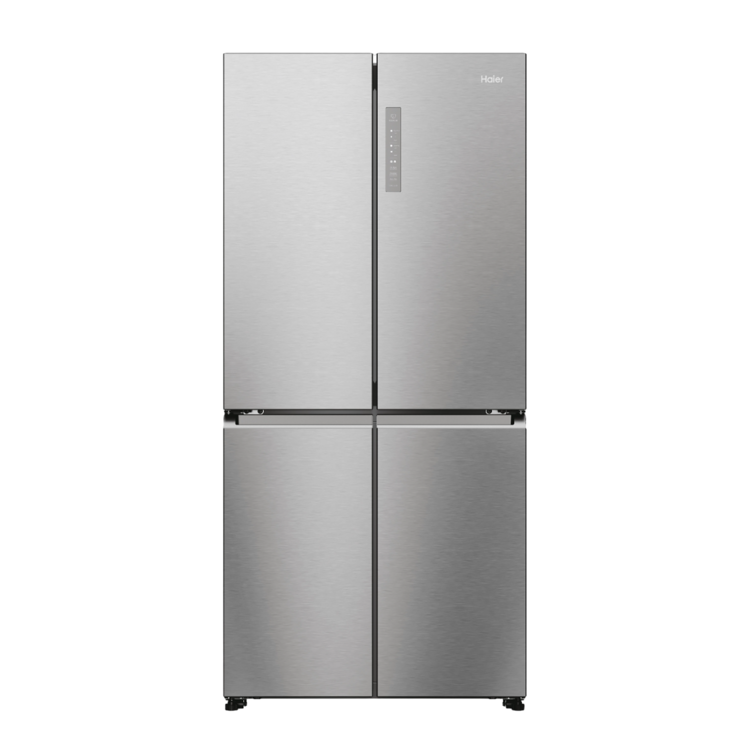 Réfrigérateur Haier argenté à quatre portes.