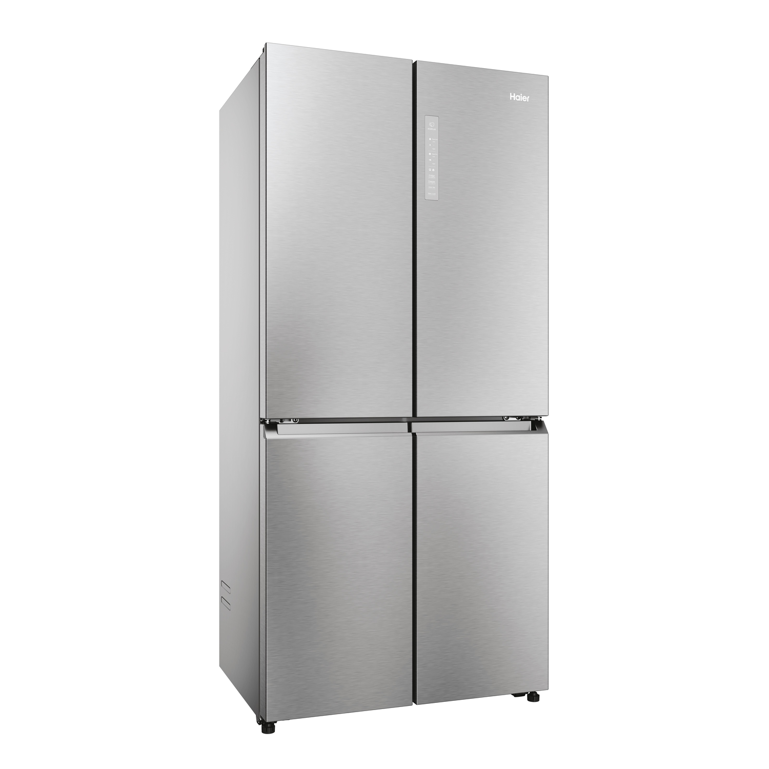 Un réfrigérateur quatre portes en acier inoxydable avec le logo Haier sur fond blanc.