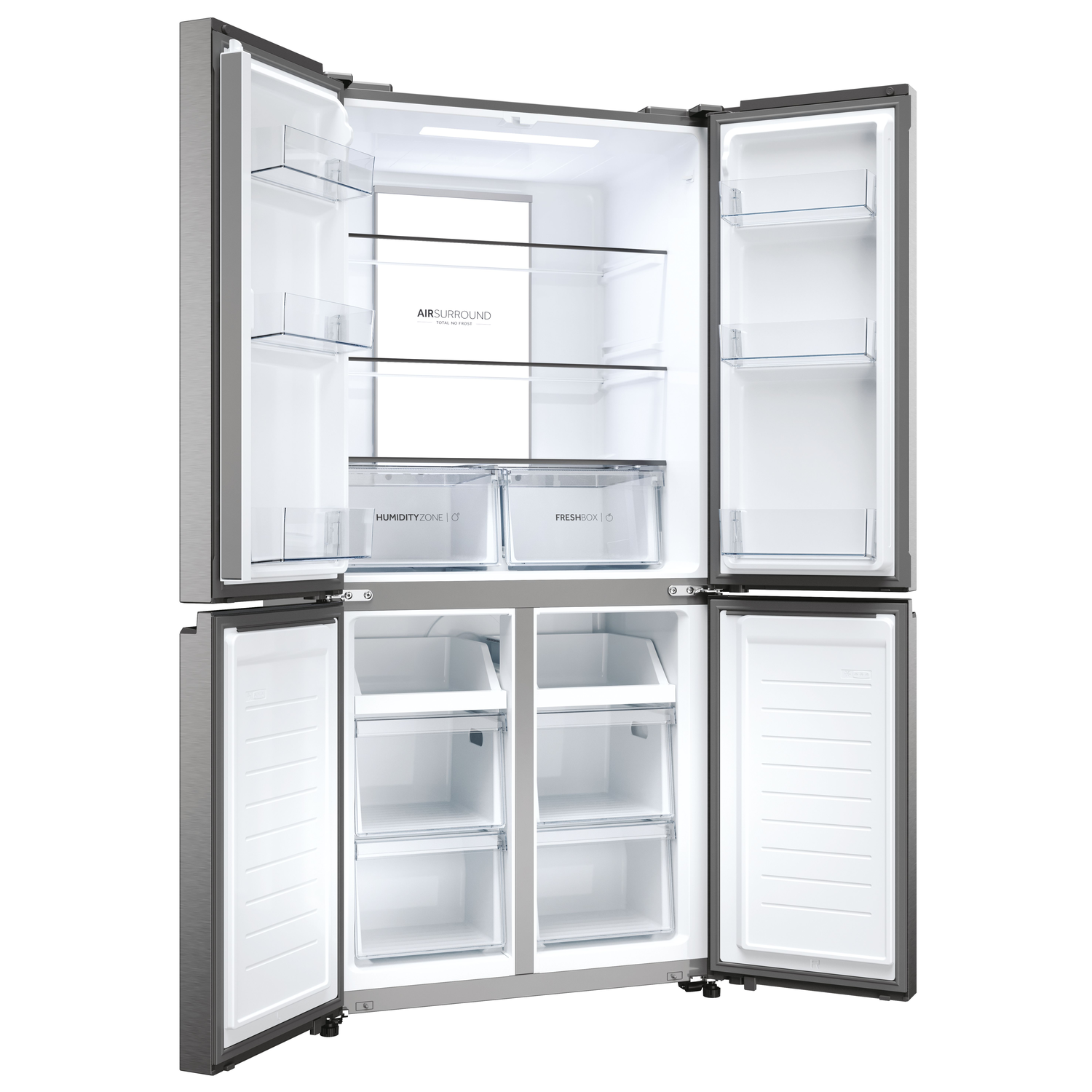Réfrigérateur ouvert en acier inoxydable, montrant l'intérieur.