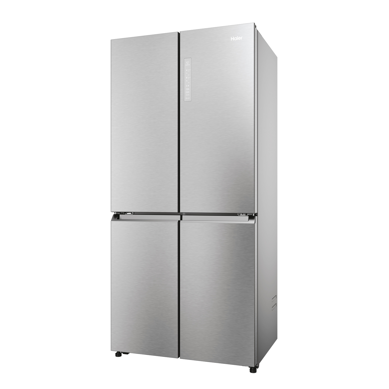 Un réfrigérateur Haier en acier inoxydable avec quatre portes, isolé sur fond blanc.