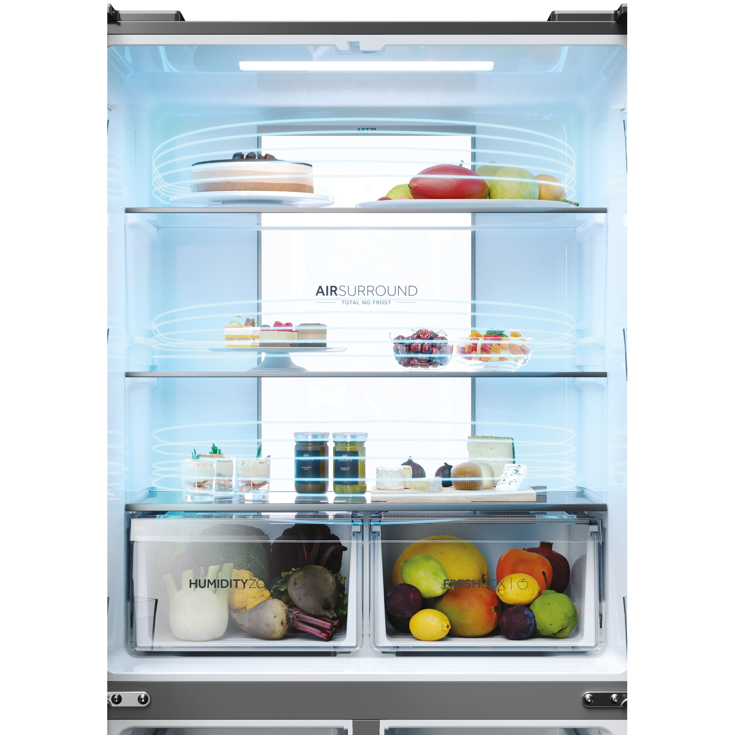 Intérieur d'un réfrigérateur avec des aliments visibles sur les étagères. Circulation d'air bleue présente.