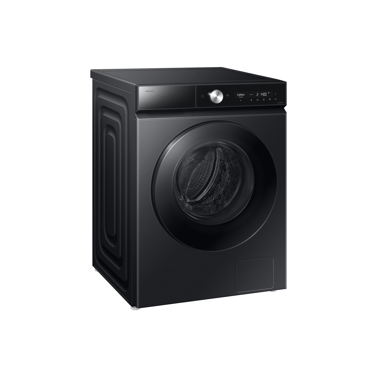 Zwarte Samsung wasmachine met een ronde deur en een bedieningspaneel op een zwart oppervlak.