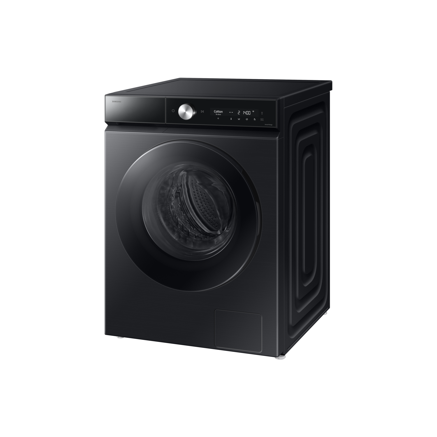 Een zwarte wasmachine met een gesloten deur. Het bedieningspaneel toont de 'Cotton'-cyclus.