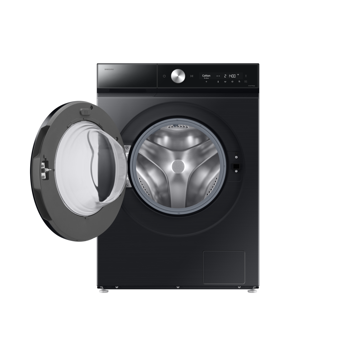 Zwarte wasmachine met open deur, de trommel tonend, zwarte achtergrond.