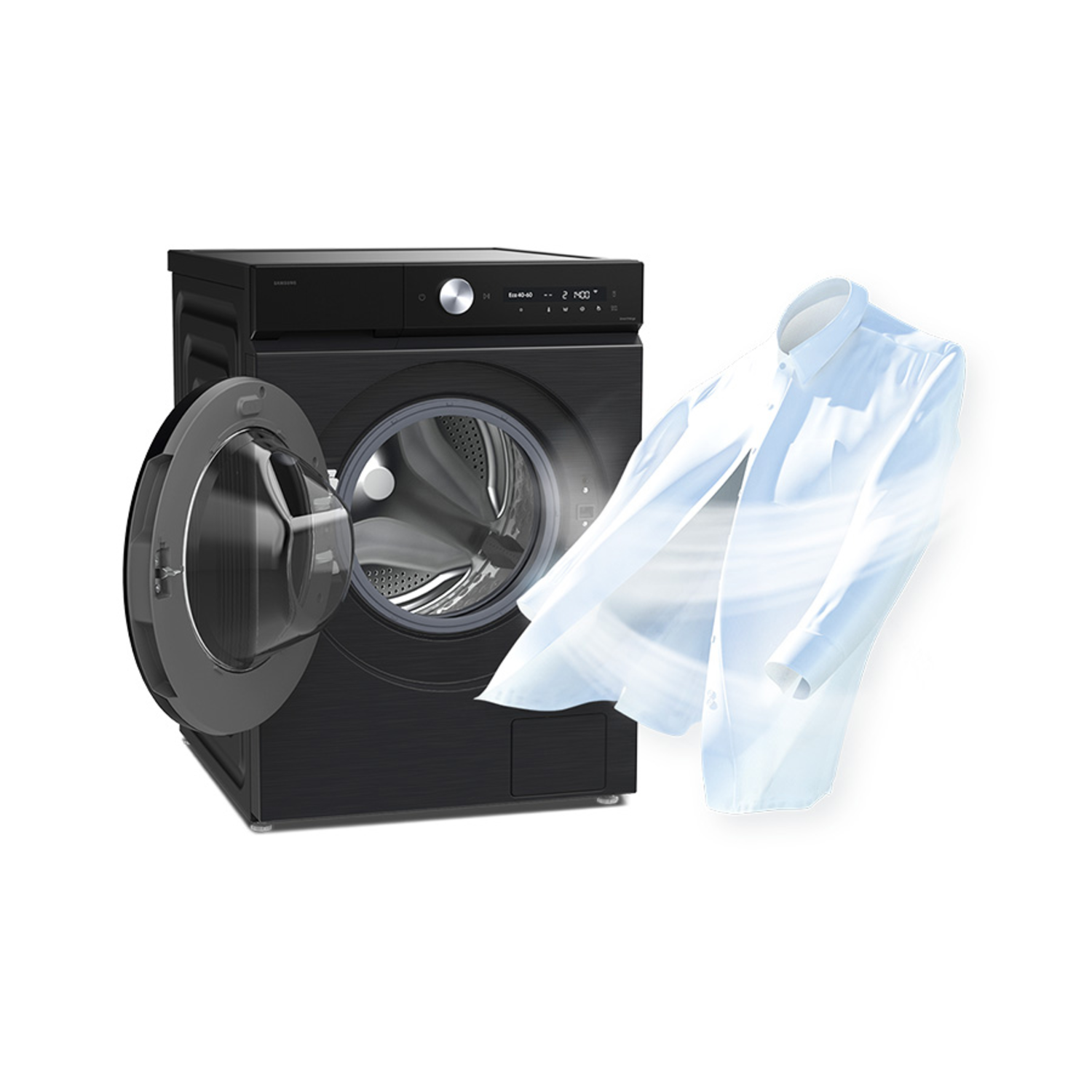 Zwarte wasmachine met open deur, een wit overhemd lijkt naar buiten te zweven.
