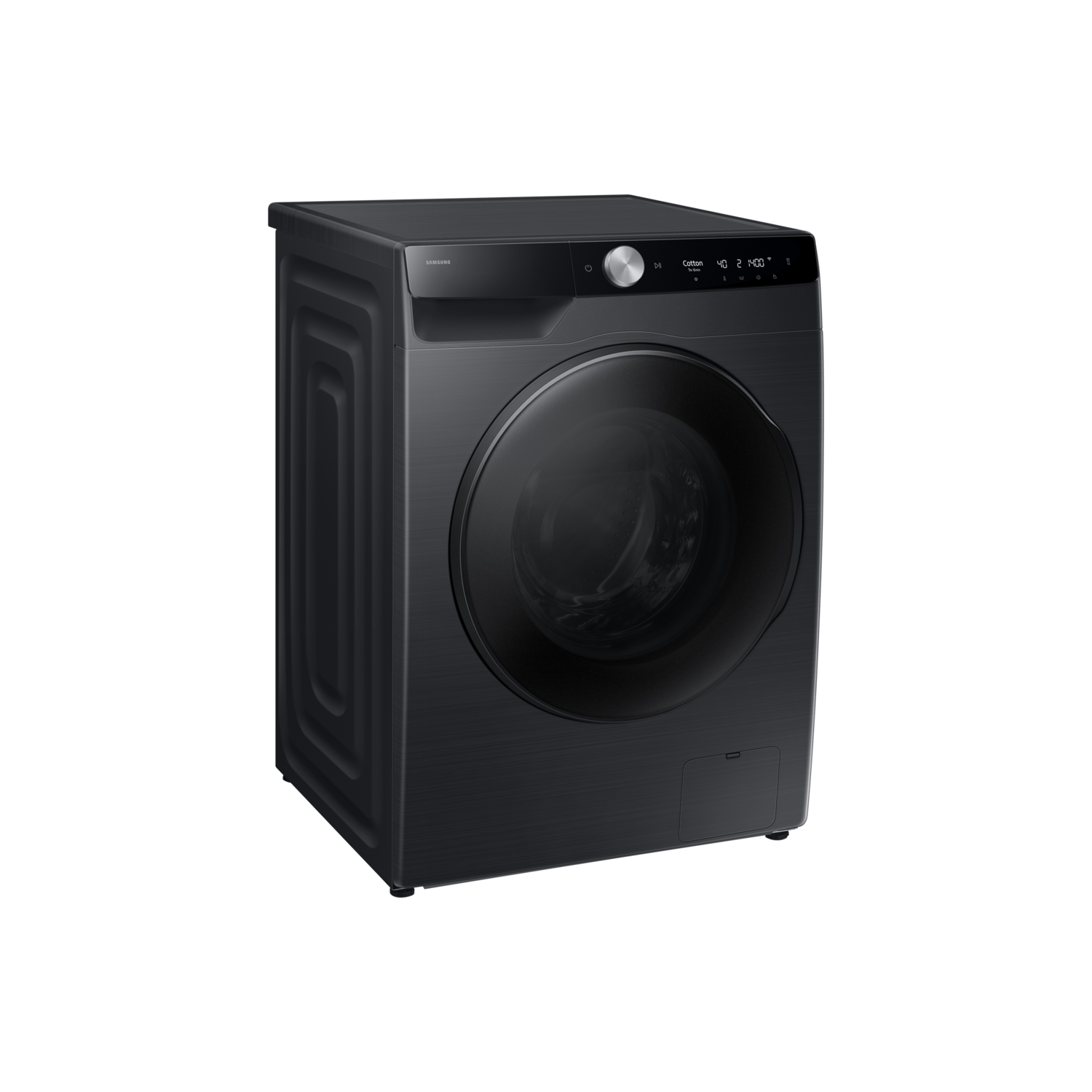 Black Samsung washing machine on black background.