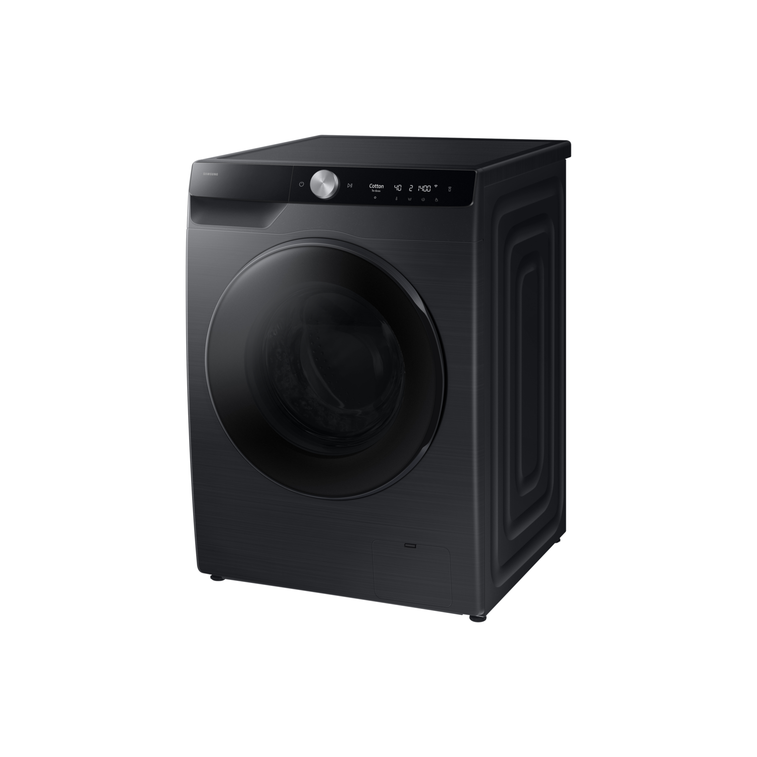 Black washing machine. The front has a large glass door and a control panel at the top.