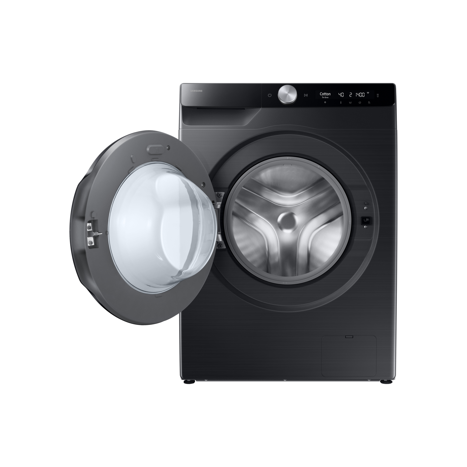 Black washing machine with open door, interior drum visible, black background.