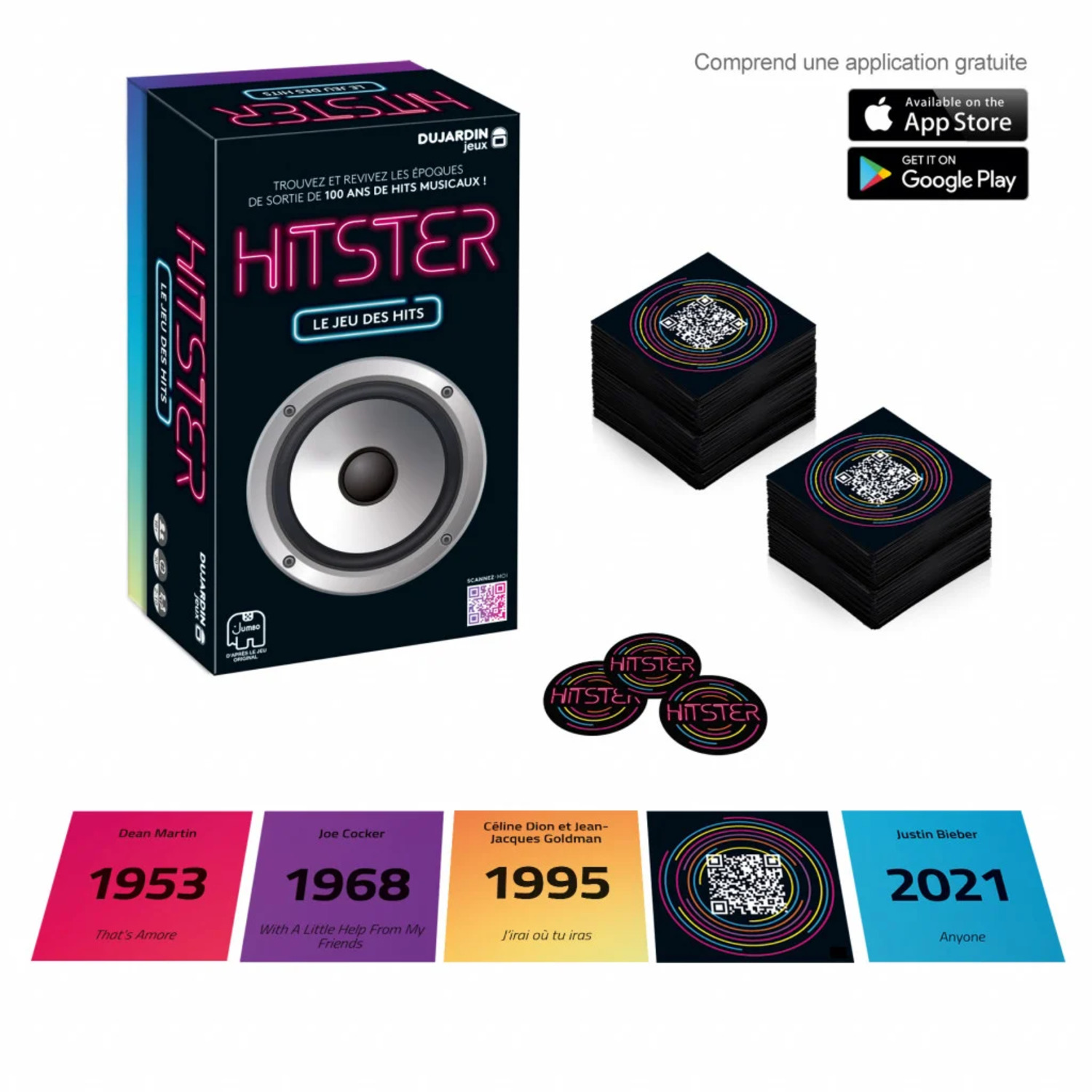 Board game box with game pieces and game cards with QR codes.