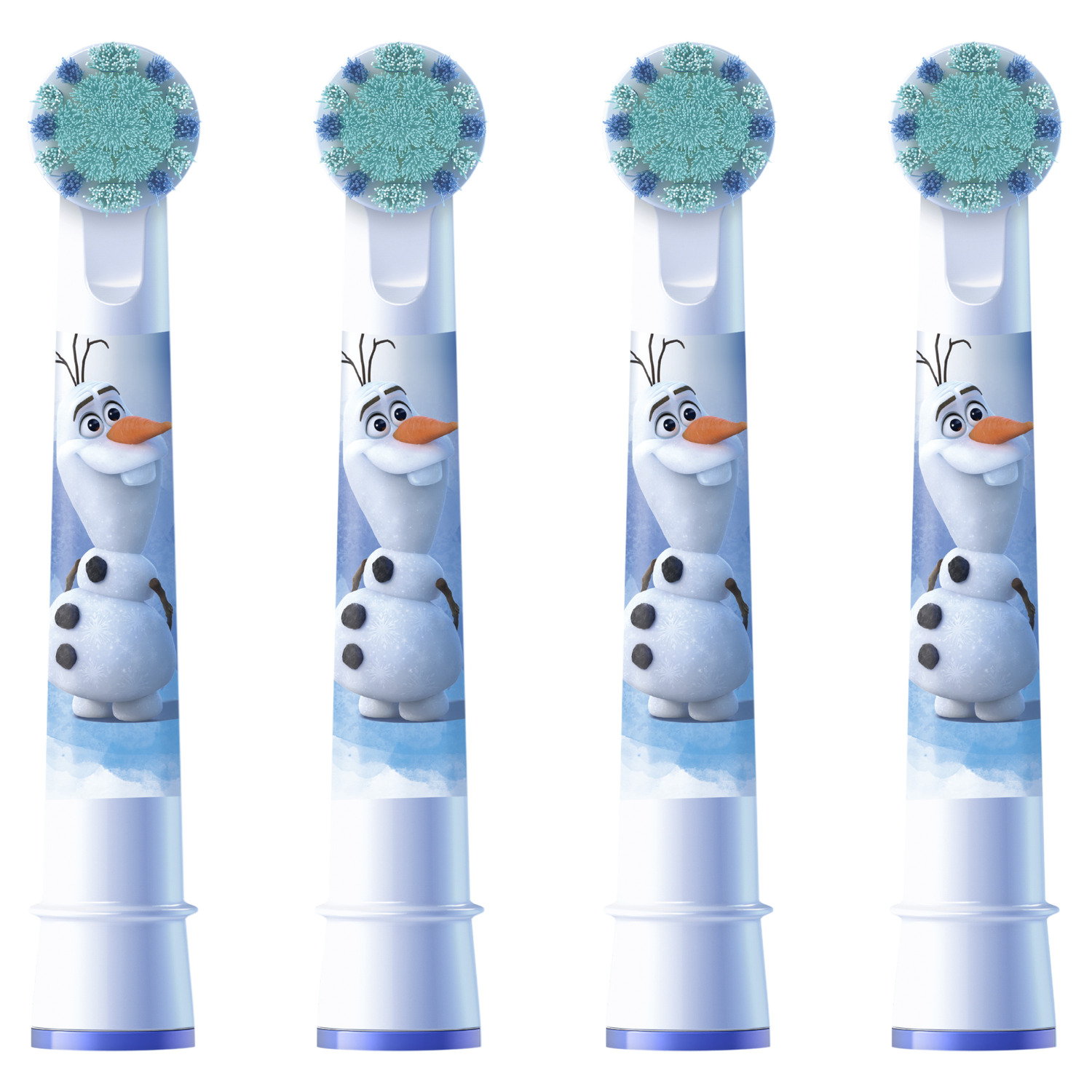 Quatre têtes de brosse à dents Oral-B avec Olaf de Frozen sur le manche.