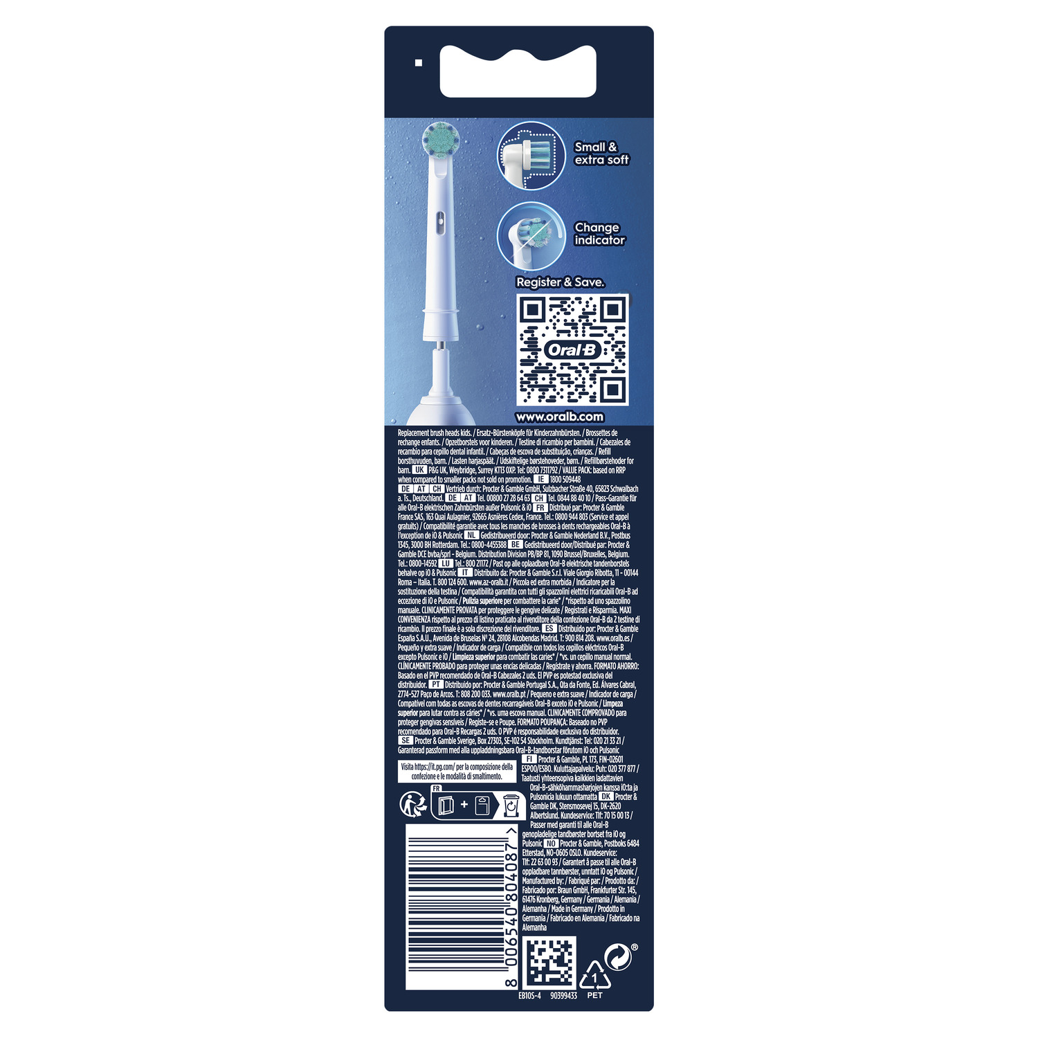 Emballage pour une tête de brosse à dents Oral-B, montrant la brosse et les détails.
