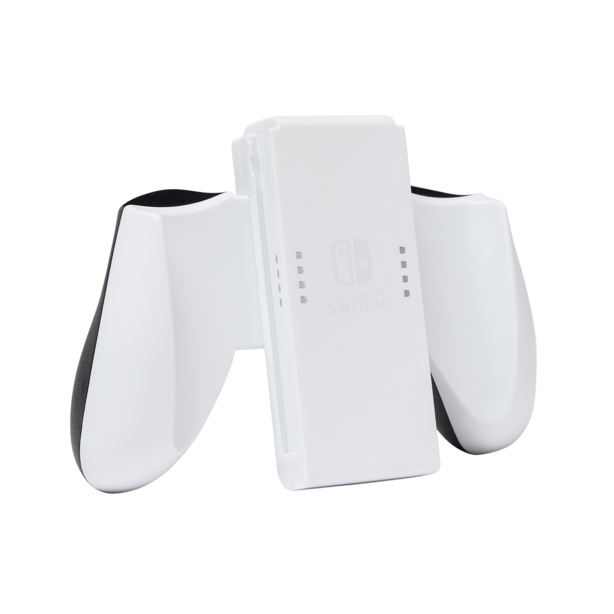 Weißer Nintendo Switch Controller-Griff mit schwarzen Akzenten.