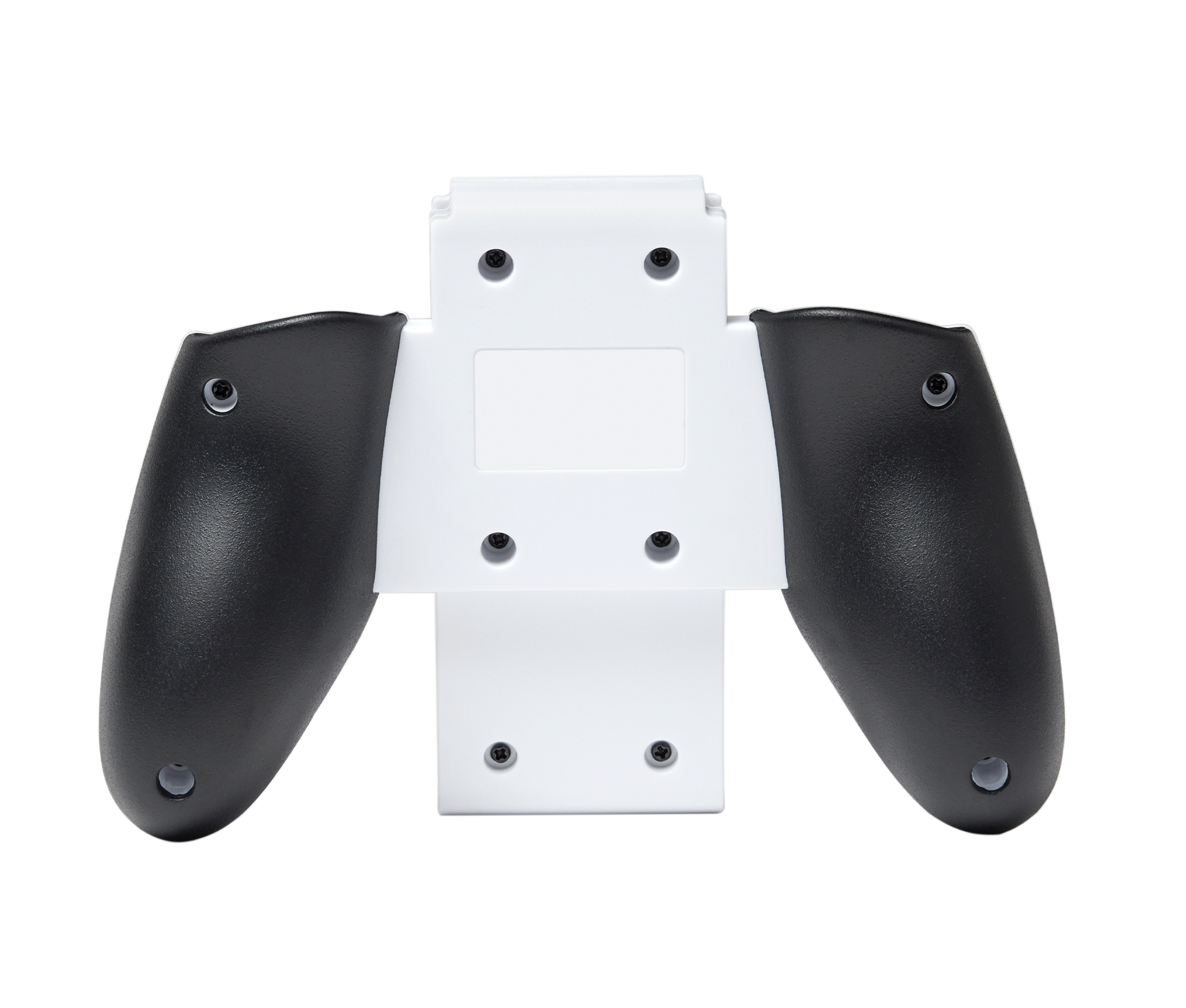 Weißer Gamecontroller-Halter mit schwarzen Griffen und Schraubendetails. Schwarzer Hintergrund.