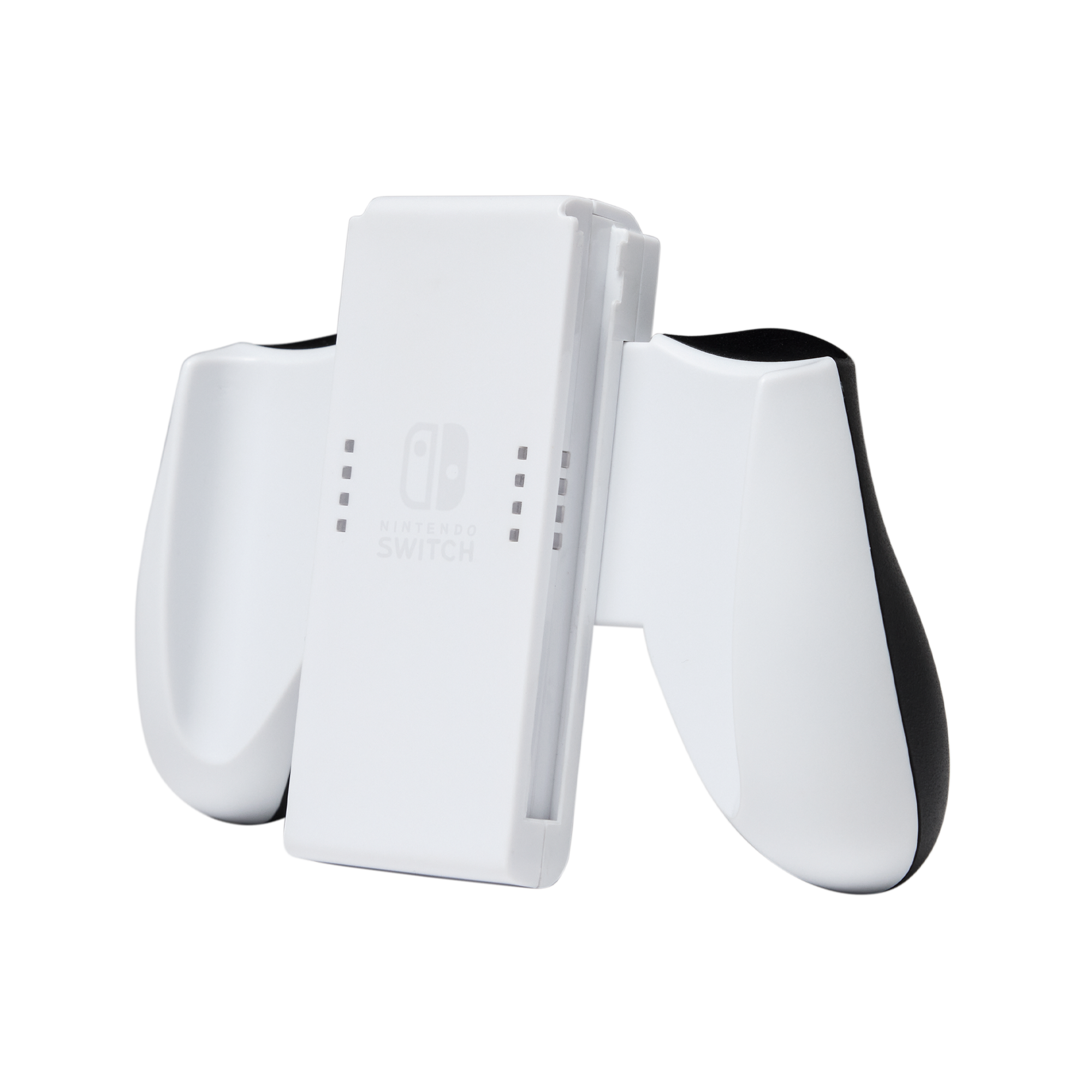 Weißer Nintendo Switch Controller-Griff mit schwarzen Griffen. Nintendo Switch Logo auf der Vorderseite.