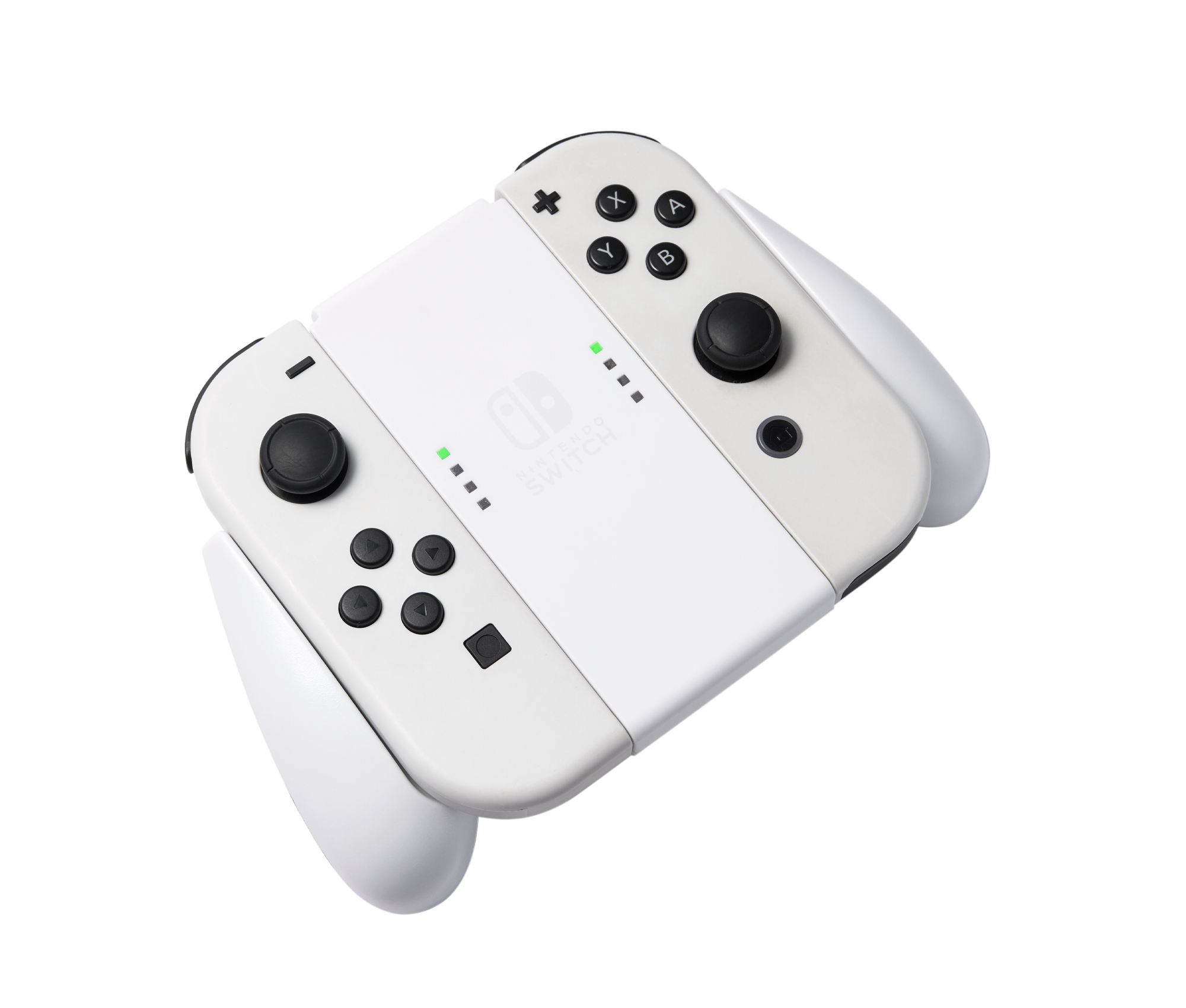 Weiße Nintendo Switch-Controller mit Knöpfen und Joysticks, vor schwarzem Hintergrund.