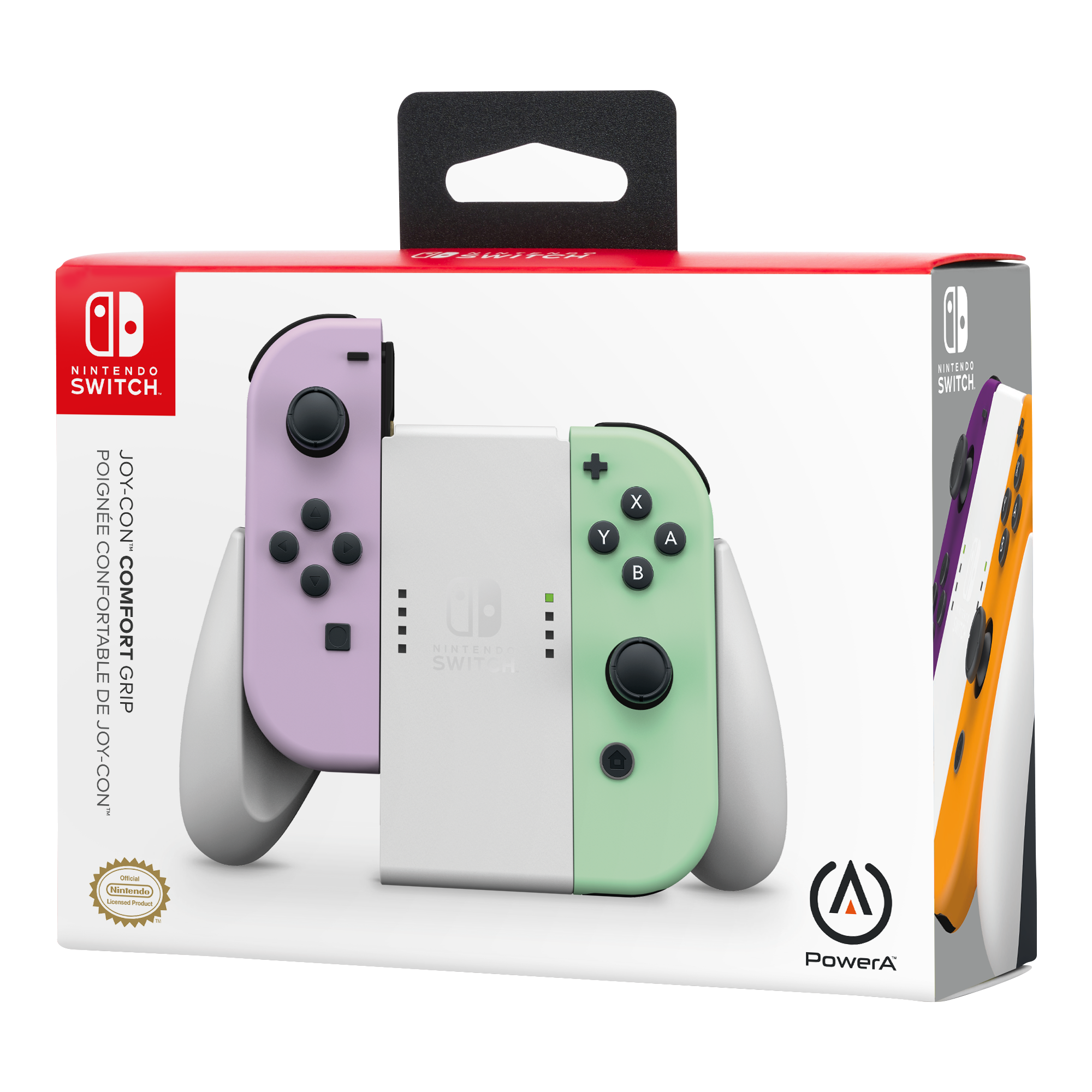 Nintendo Switch-Box mit Controllern in Lila und Grün.