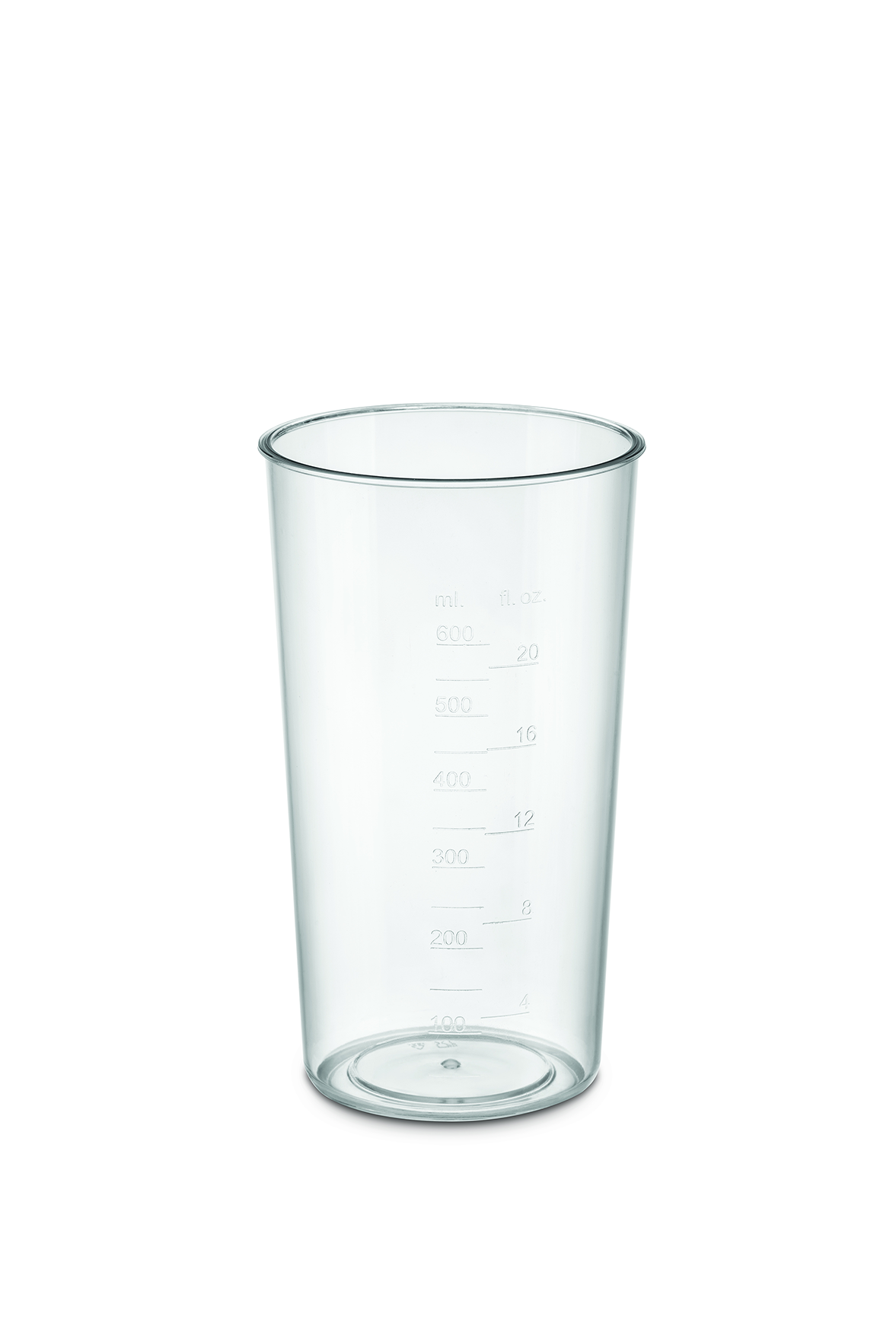 Egy átlátszó műanyag mérőpohár ml és fl. oz. jelölésekkel.