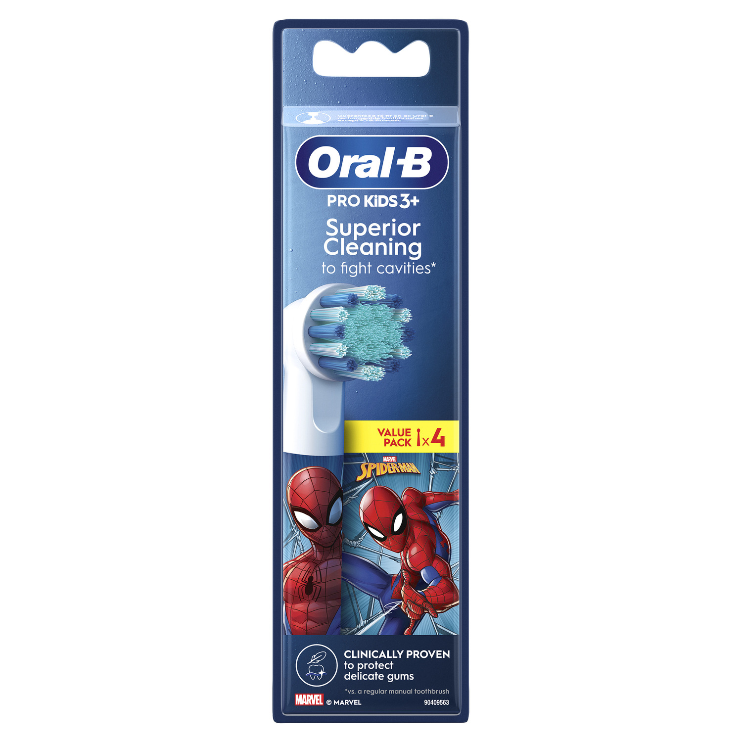 Un emballage de têtes de brosse à dents avec Oral-B Pro Kids 3+ et un dessin animé Spider-Man.