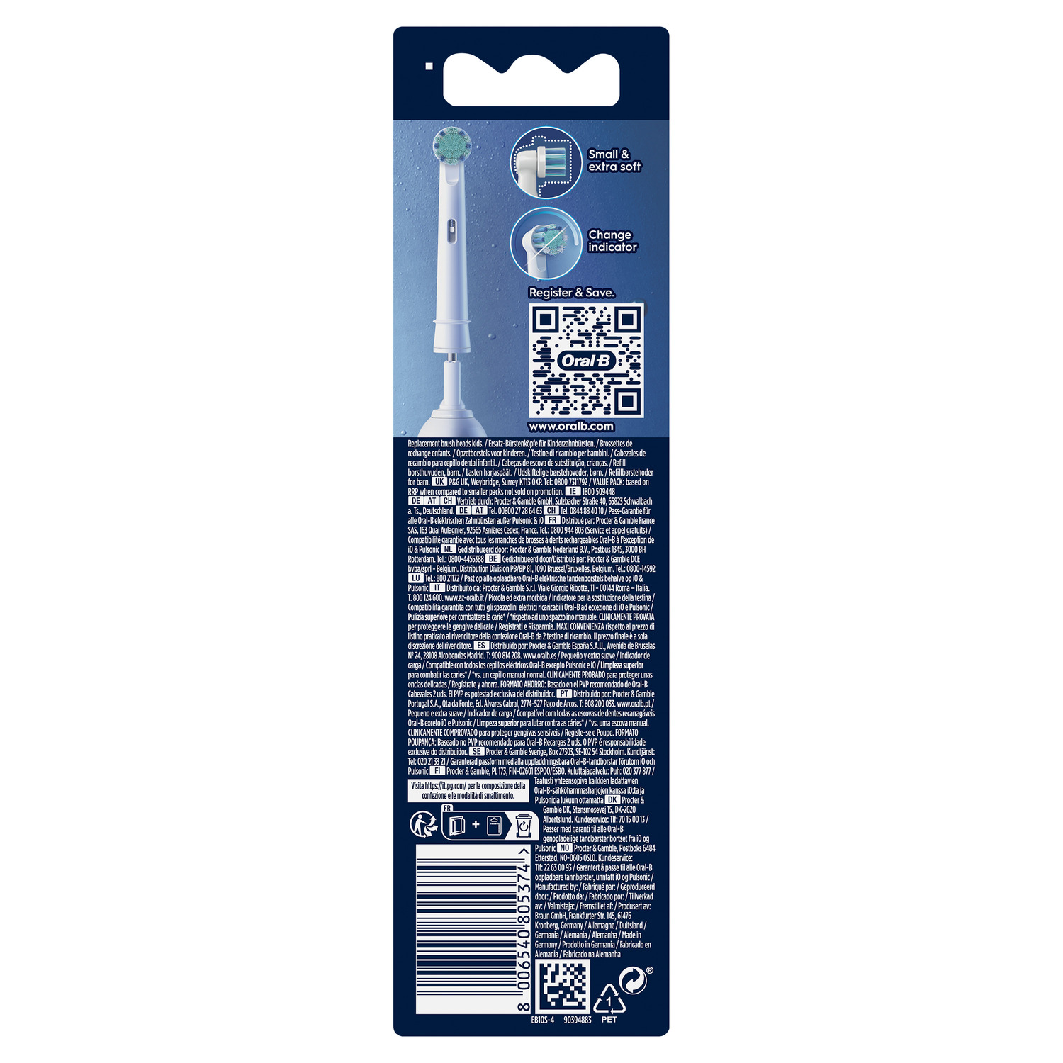 Dos d'un emballage de têtes de brosse à dents Oral-B avec texte et images.