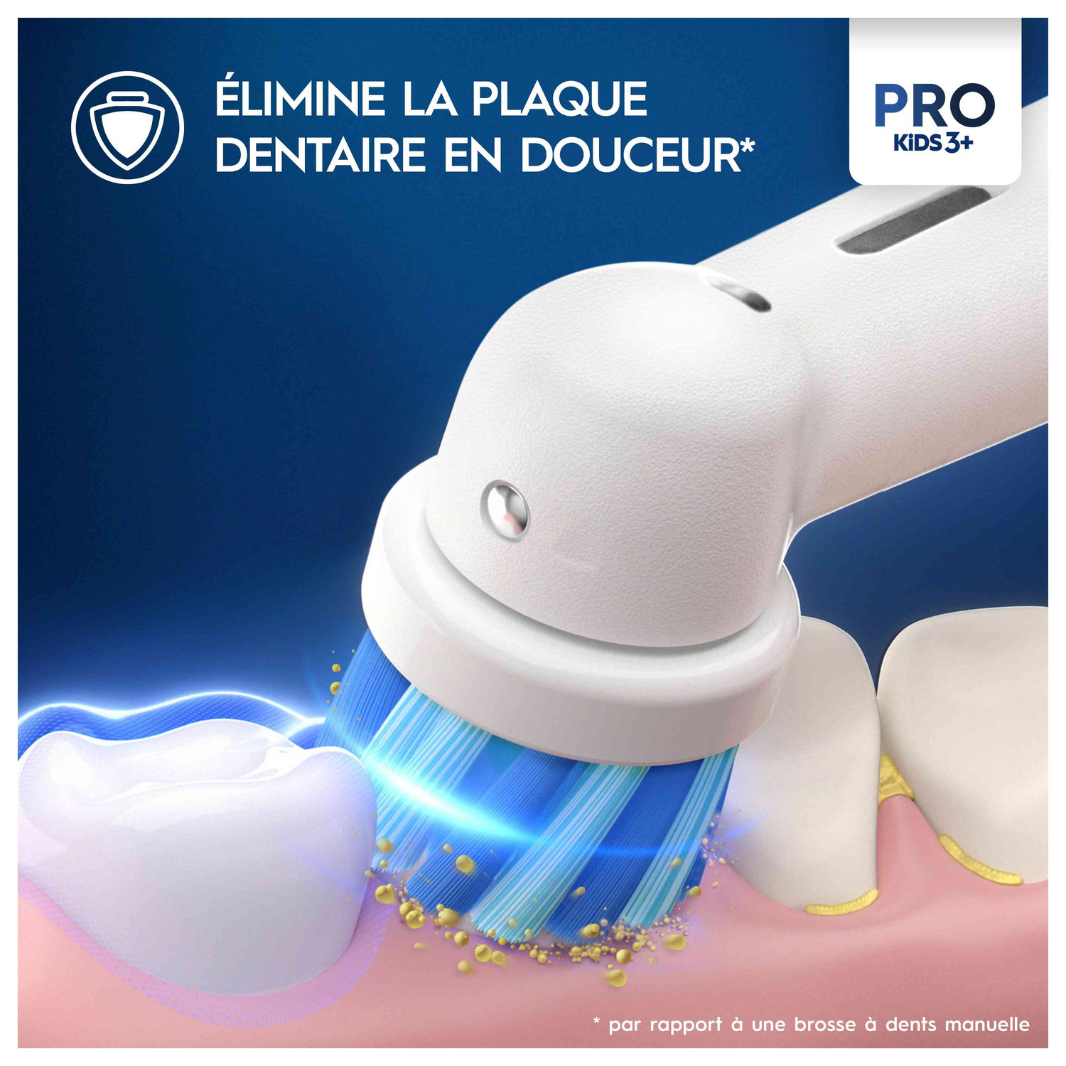 Brosse à dents électrique nettoyant les dents. Texte : Élimine la plaque dentaire en douceur.