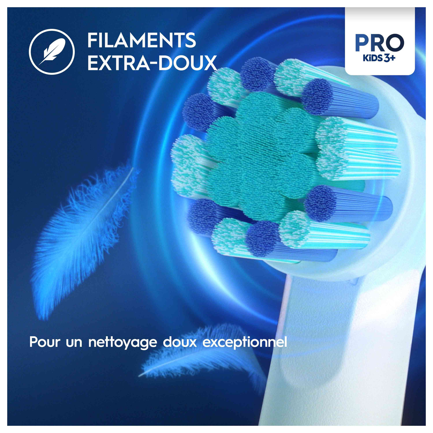 Gros plan sur une tête de brosse à dents électrique avec des poils multicolores et du texte.