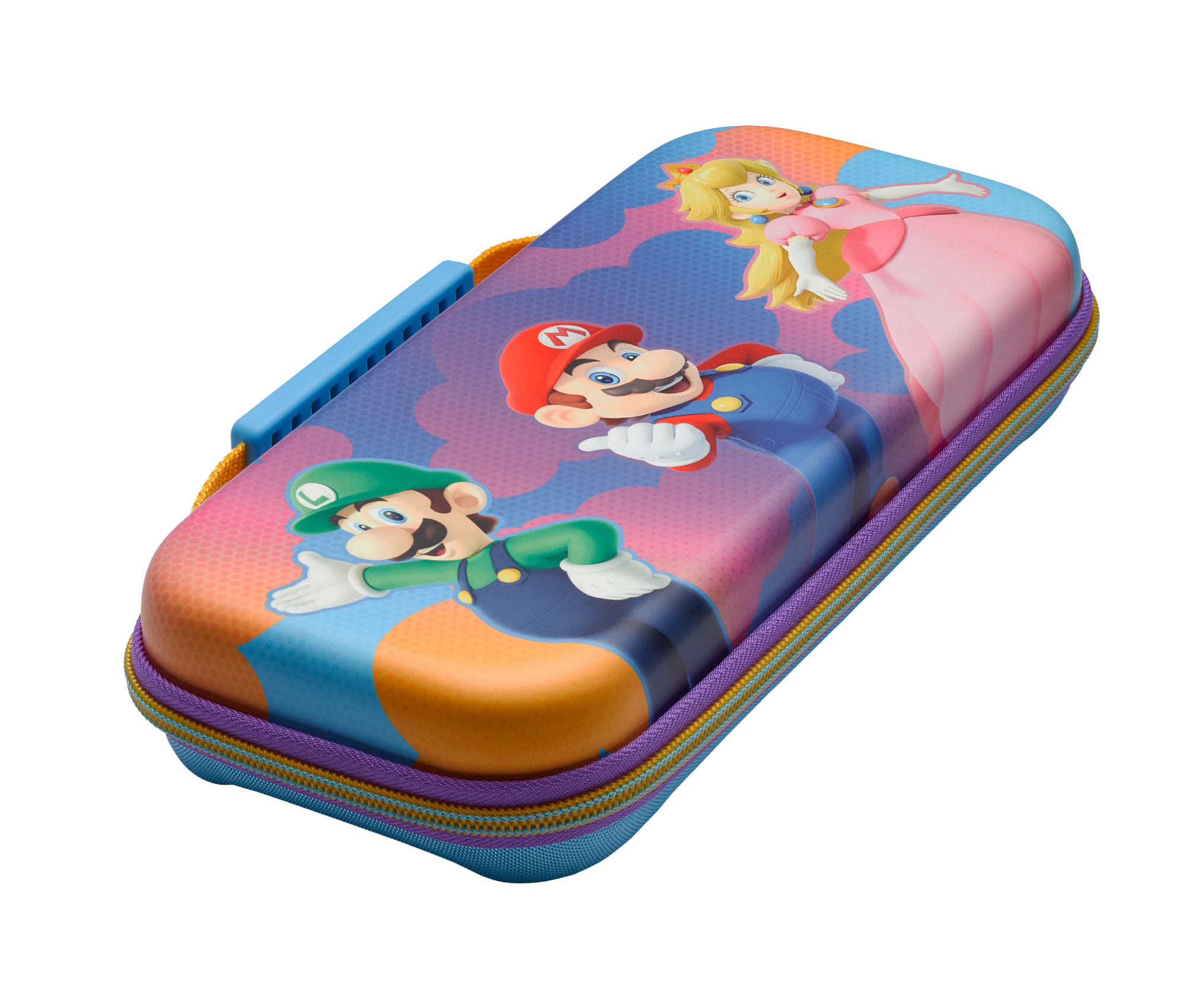 Eine bunte Nintendo Switch-Hülle mit Mario, Luigi und Peach, mit blauem Griff und Reißverschluss.