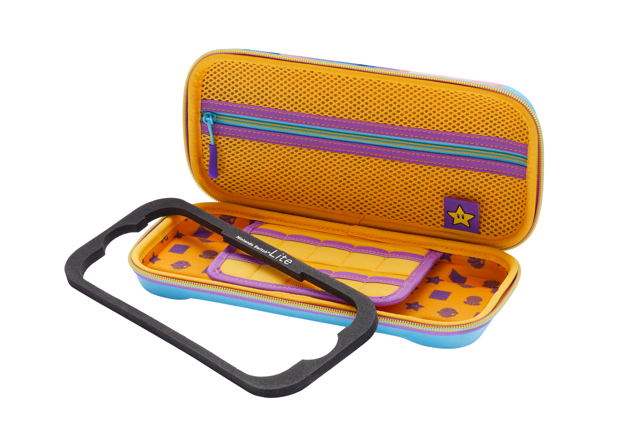 Ein Nintendo Switch Lite-Etui, offen, mit einer Netztasche und Schaumstoff.