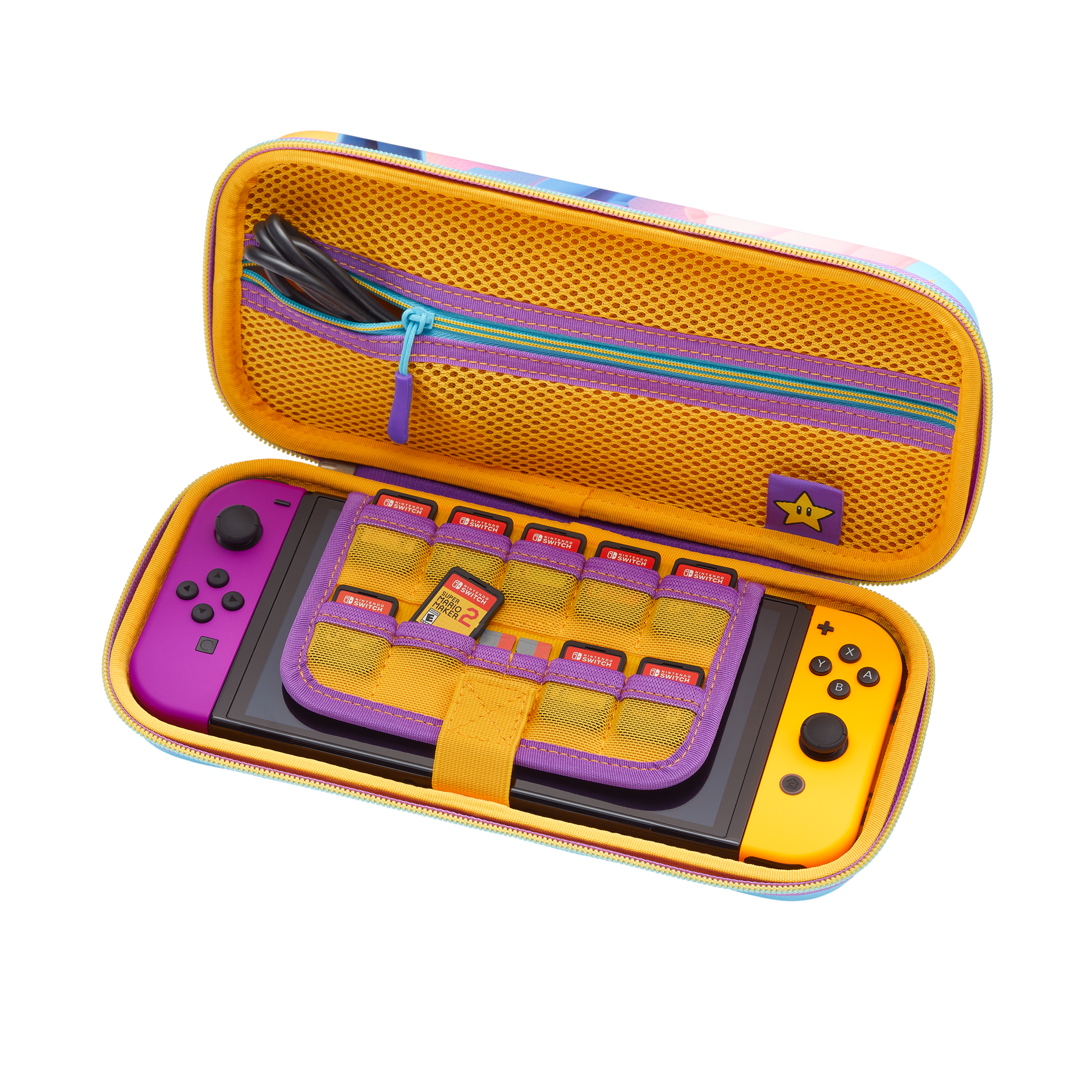 Eine Hülle für eine Nintendo Switch mit Spielkassetten und Controllern im Inneren. Gelbe, lila und blaue Farben.