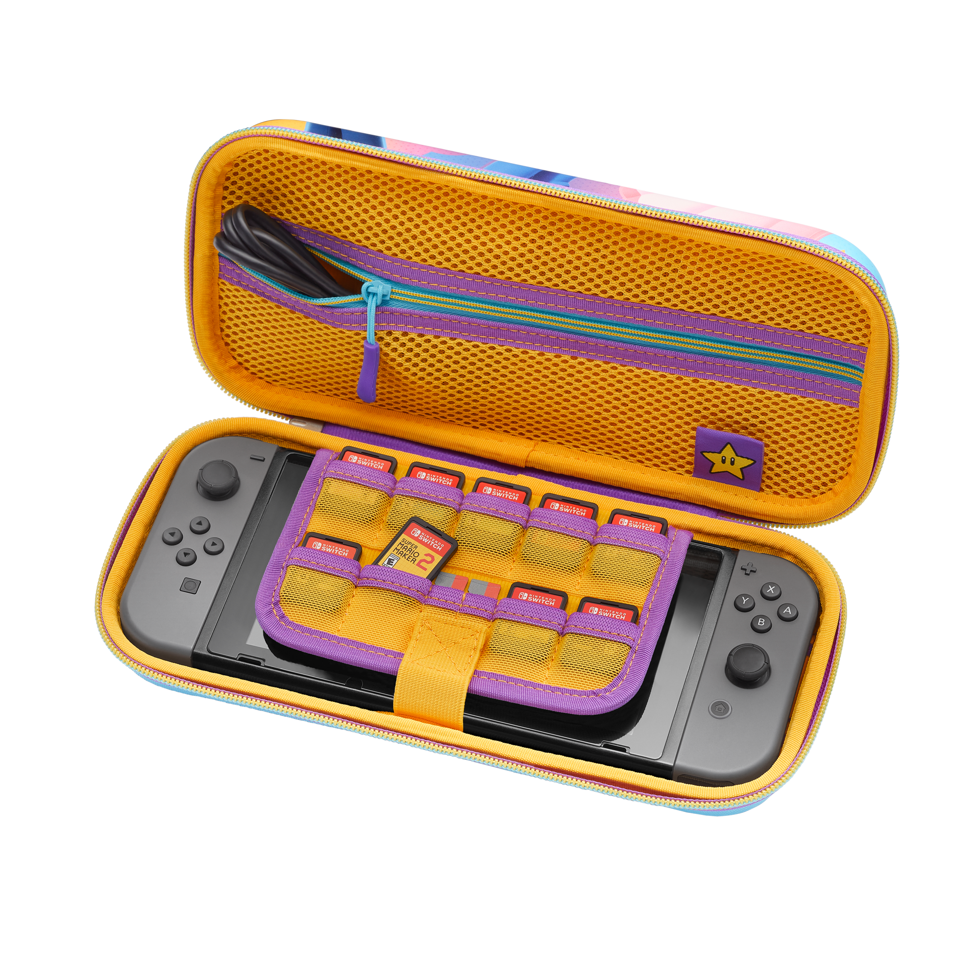 Geöffnete Switch-Spielhülle mit Spielkarten und Switch-Konsole innen.