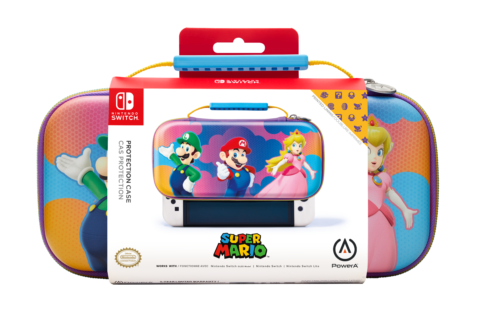 Eine Nintendo Switch-Tragetasche mit Mario, Luigi, Peach und Mario-Charakteren.