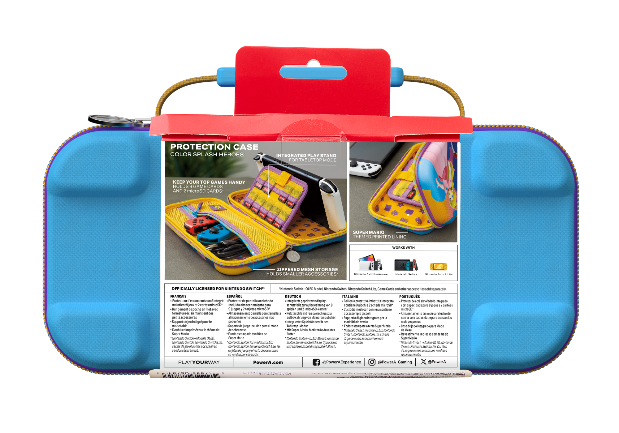 Eine blaue Nintendo Switch-Hülle, die Innenseite mit Spielkassetten zeigt.