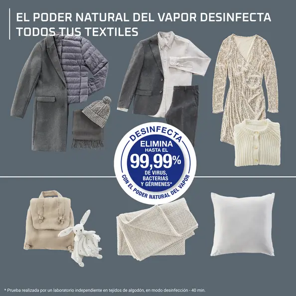 Ropa y objetos blandos. Un abrigo gris, chaqueta, sombrero, bufanda, atuendo y un vestido. Una mochila, juguete, manta y almohada.