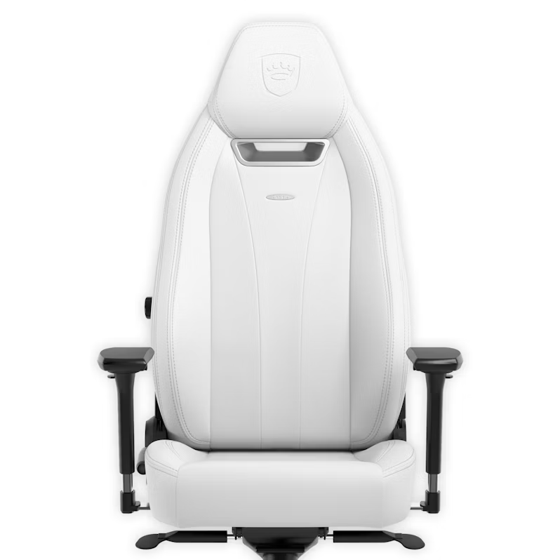 Silla gaming blanca, vista frontal, reposabrazos y base negros, fondo blanco.