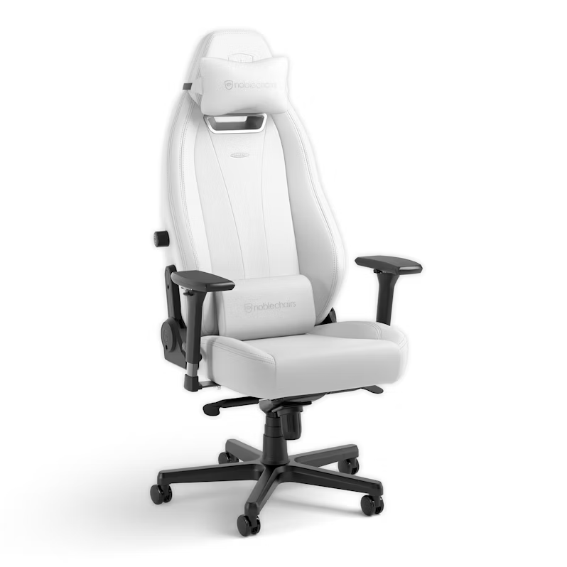 Una silla de juego blanca con detalles negros, sobre un fondo blanco.