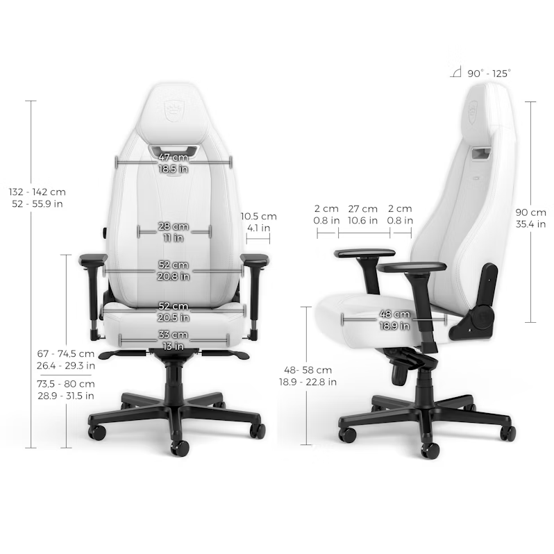 Silla gaming blanca con base negra y dimensiones en centímetros y pulgadas.