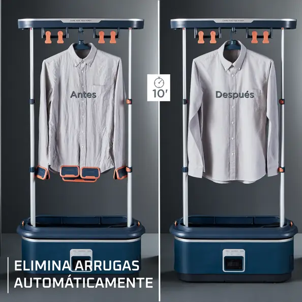 Secadora de ropa antes y después, con texto en español.