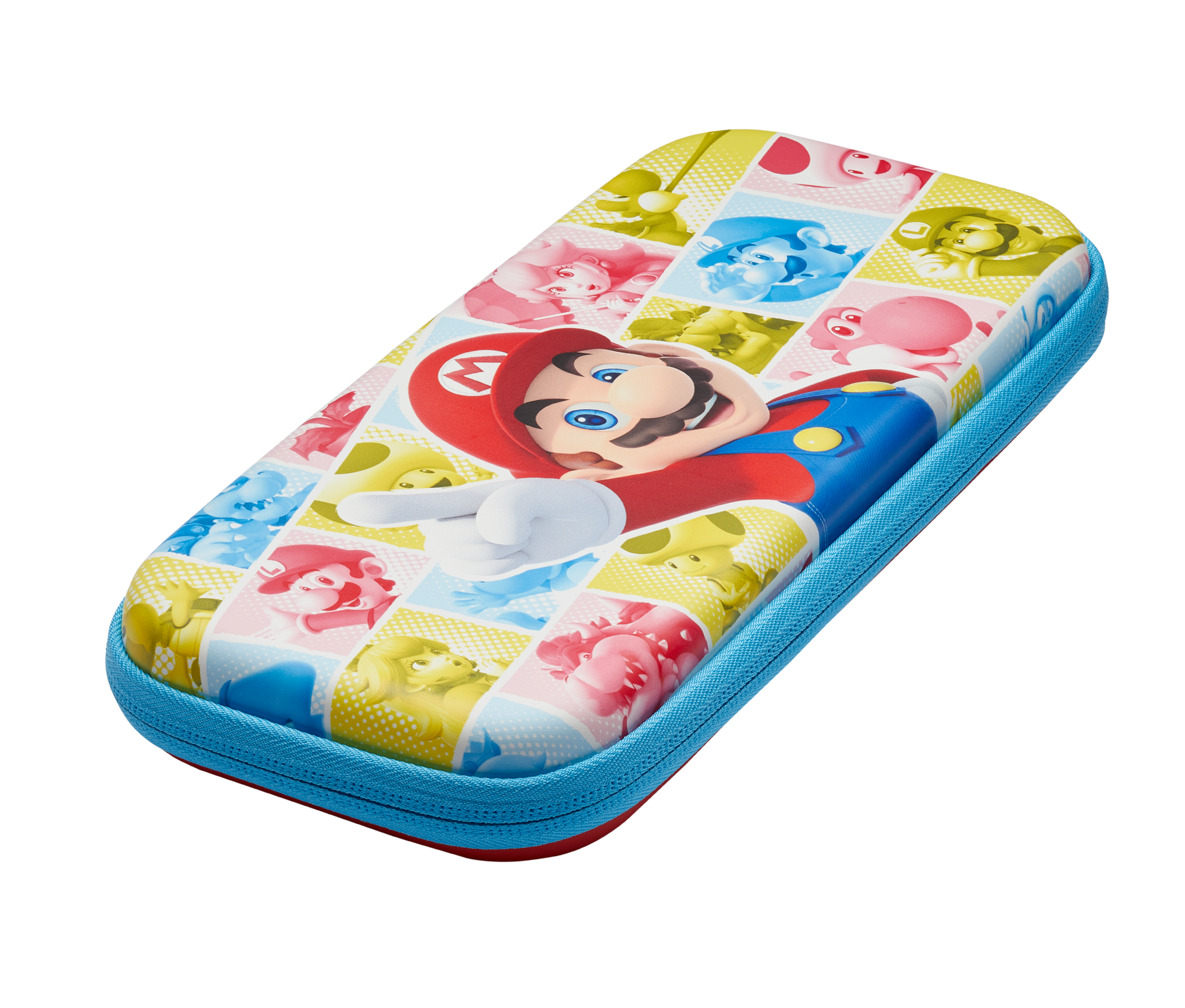 Ein farbenfrohes Etui mit Mario darauf. Es hat einen blauen Reißverschluss und Hintergrund.