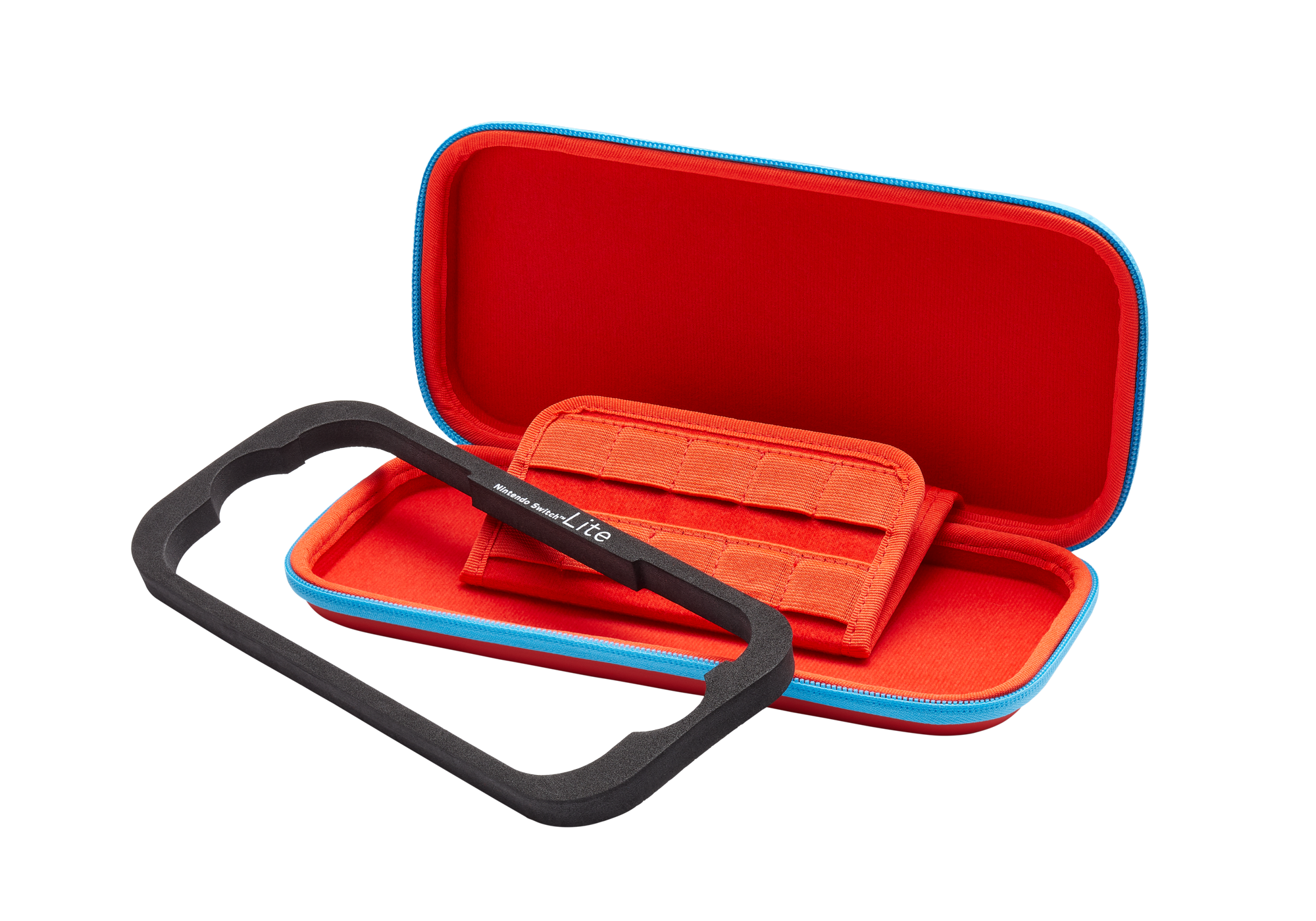 Rote und blaue Tragetasche geöffnet. Sie enthält eine kleine rote Tasche und einen schwarzen Rahmen.