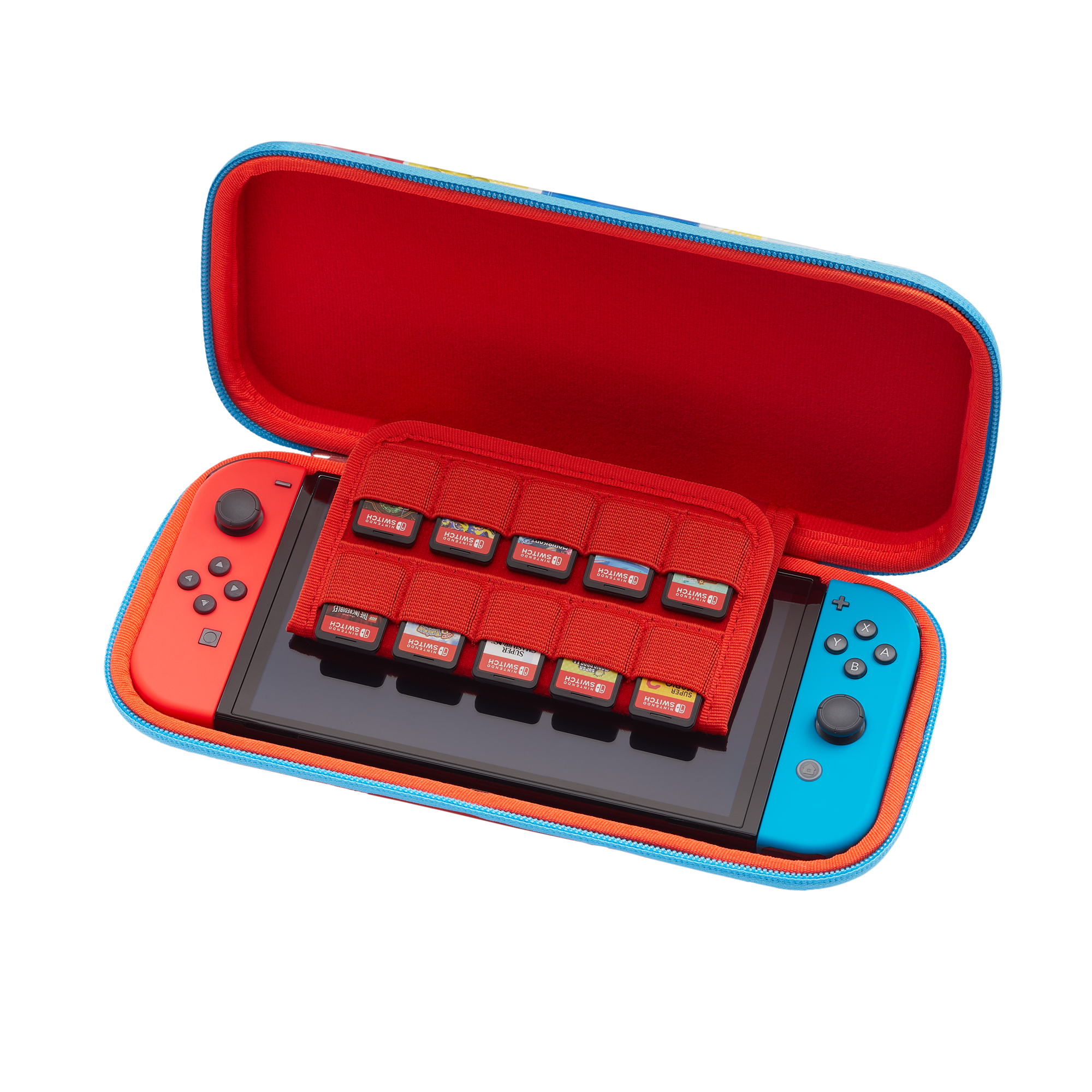 Ein rotes und blaues Nintendo Switch-Etui, offen, mit einer Switch und Spielkassetten.