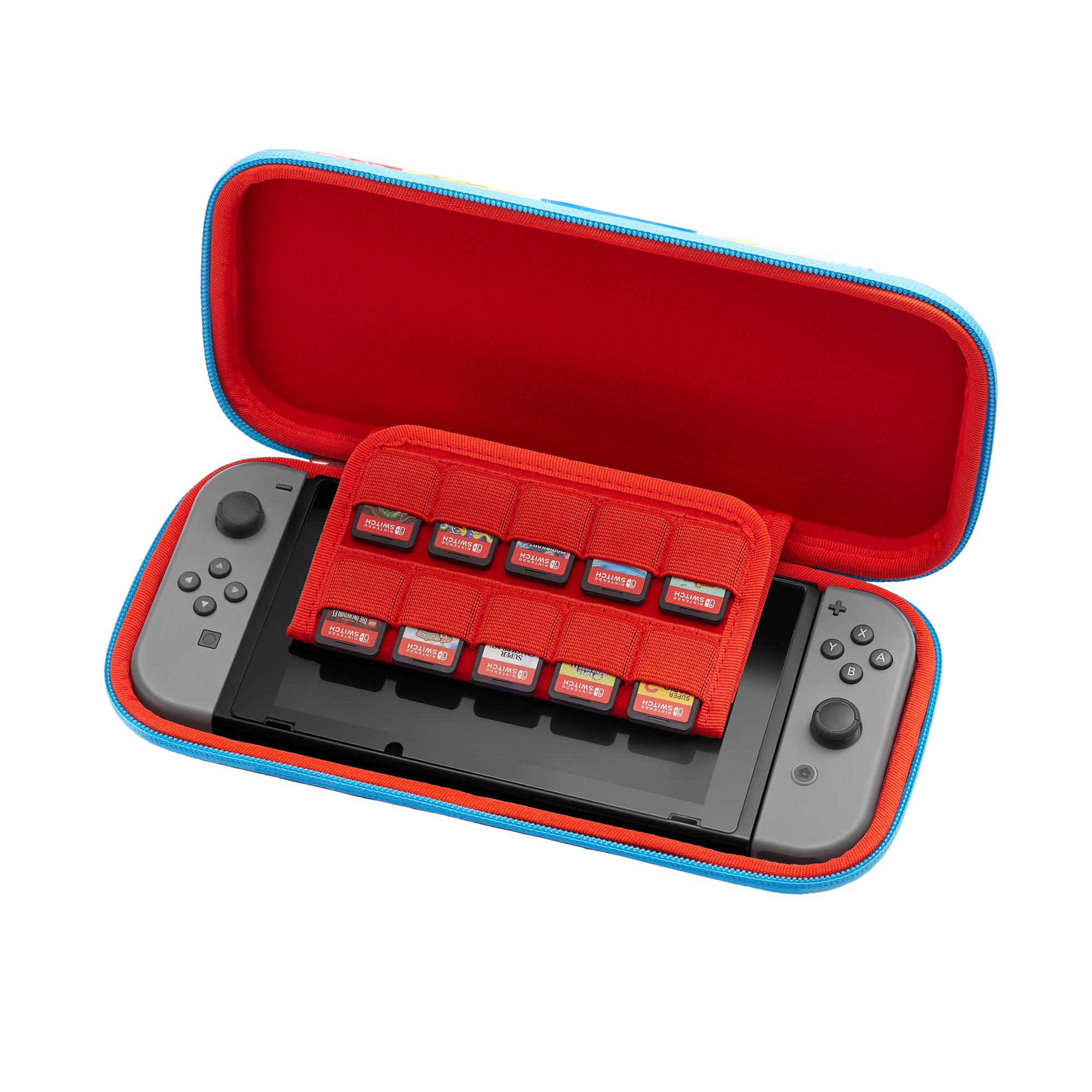 Ein rotes und blaues Nintendo Switch-Etui, offen, mit einer Konsole darin.