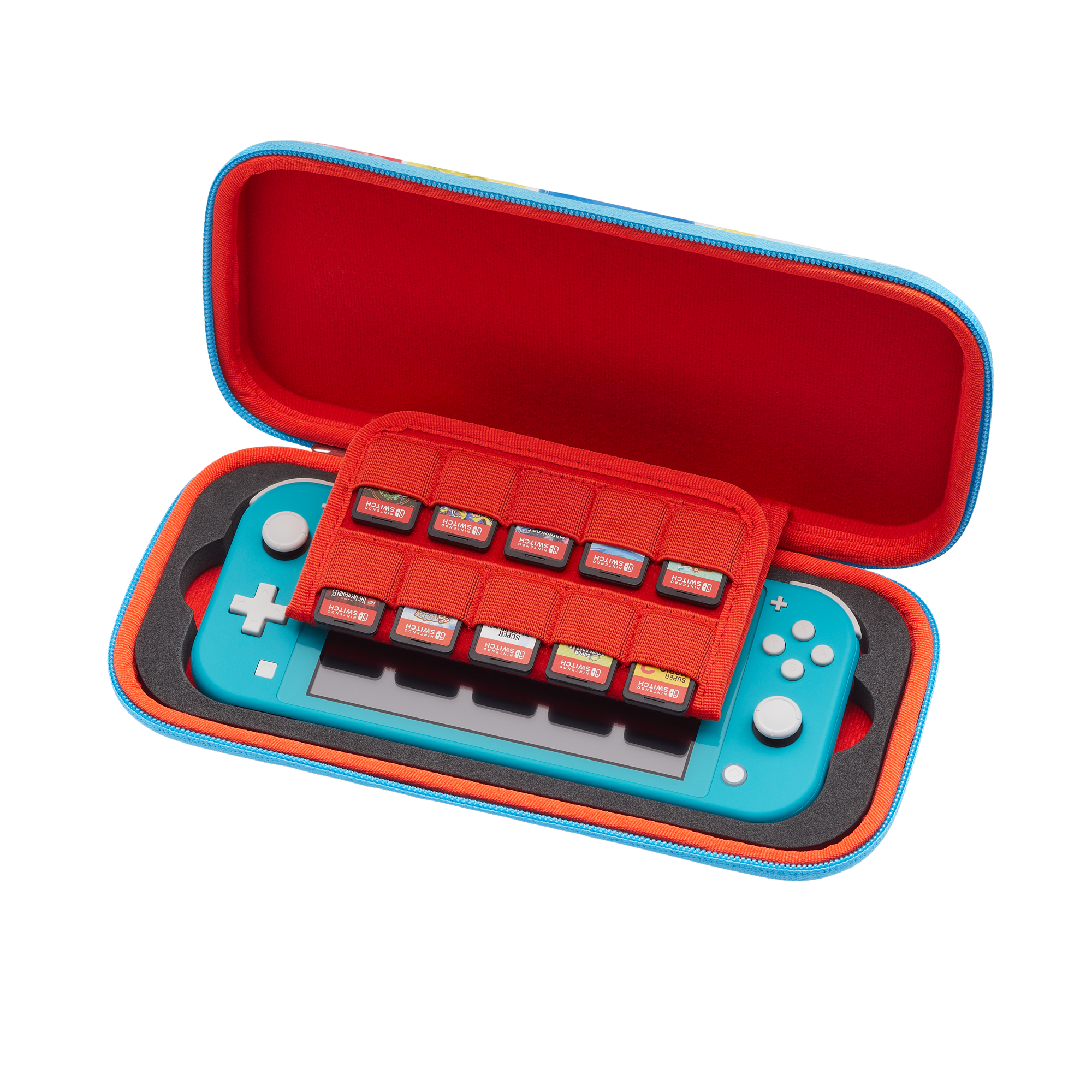Blaue Nintendo Switch Lite in einem geöffneten Etui mit Spielkassetten im Deckel.